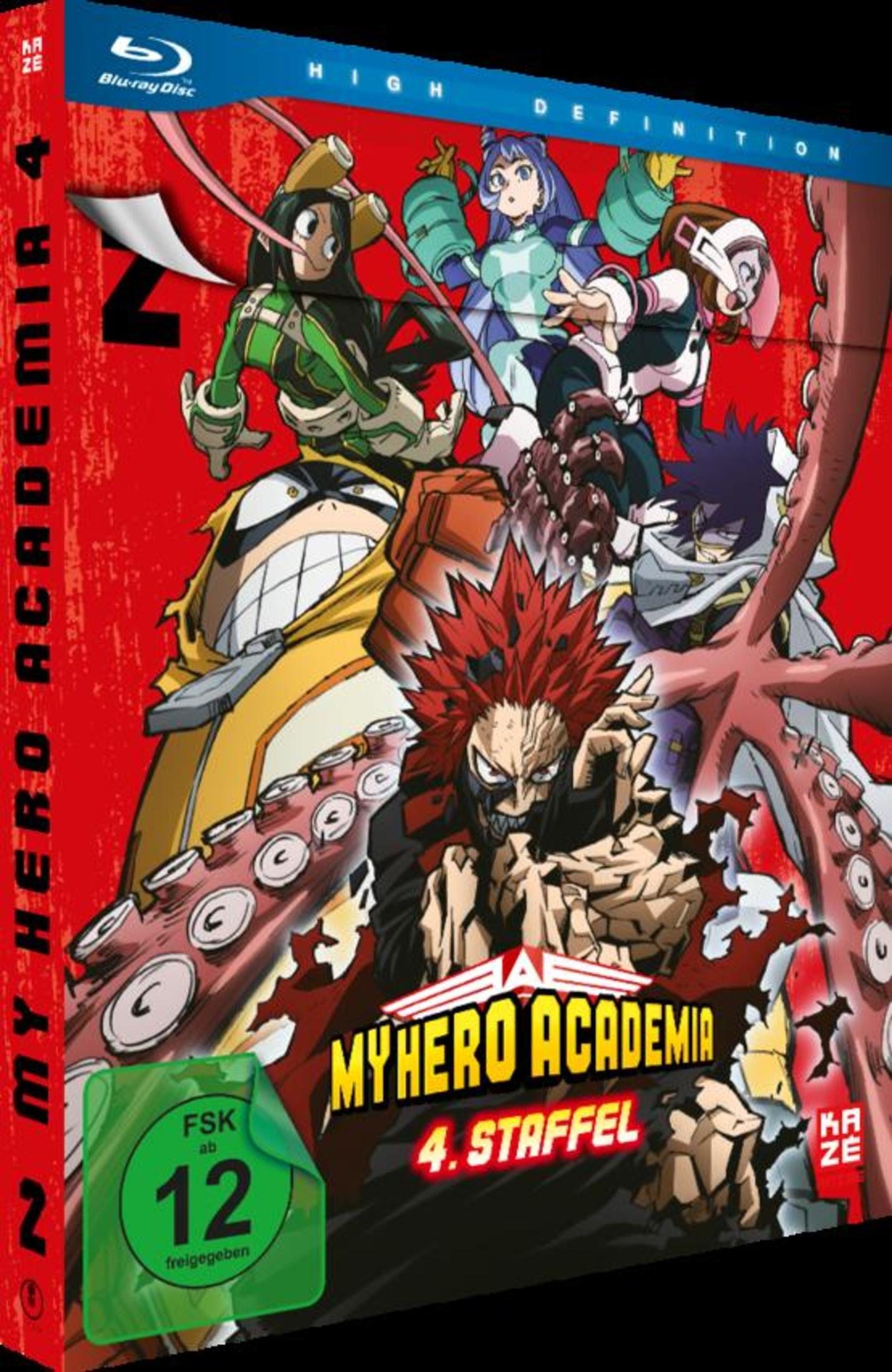 My Hero Academia 4. Staffel Blu-ray Cover mit Charakteren auf rotem Hintergrund.