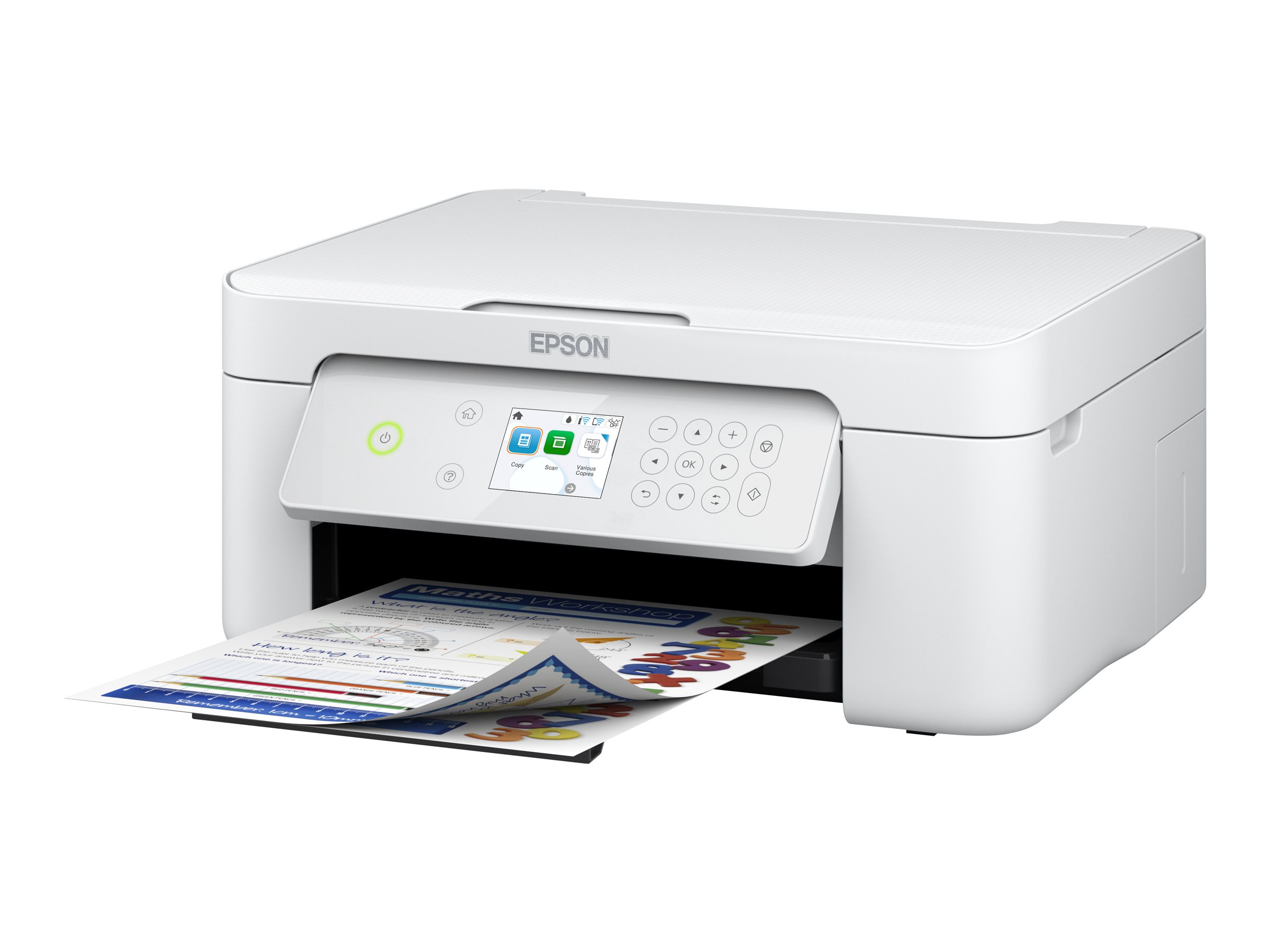 Una stampante bianca Epson con pannello di controllo e carta stampata su sfondo bianco.