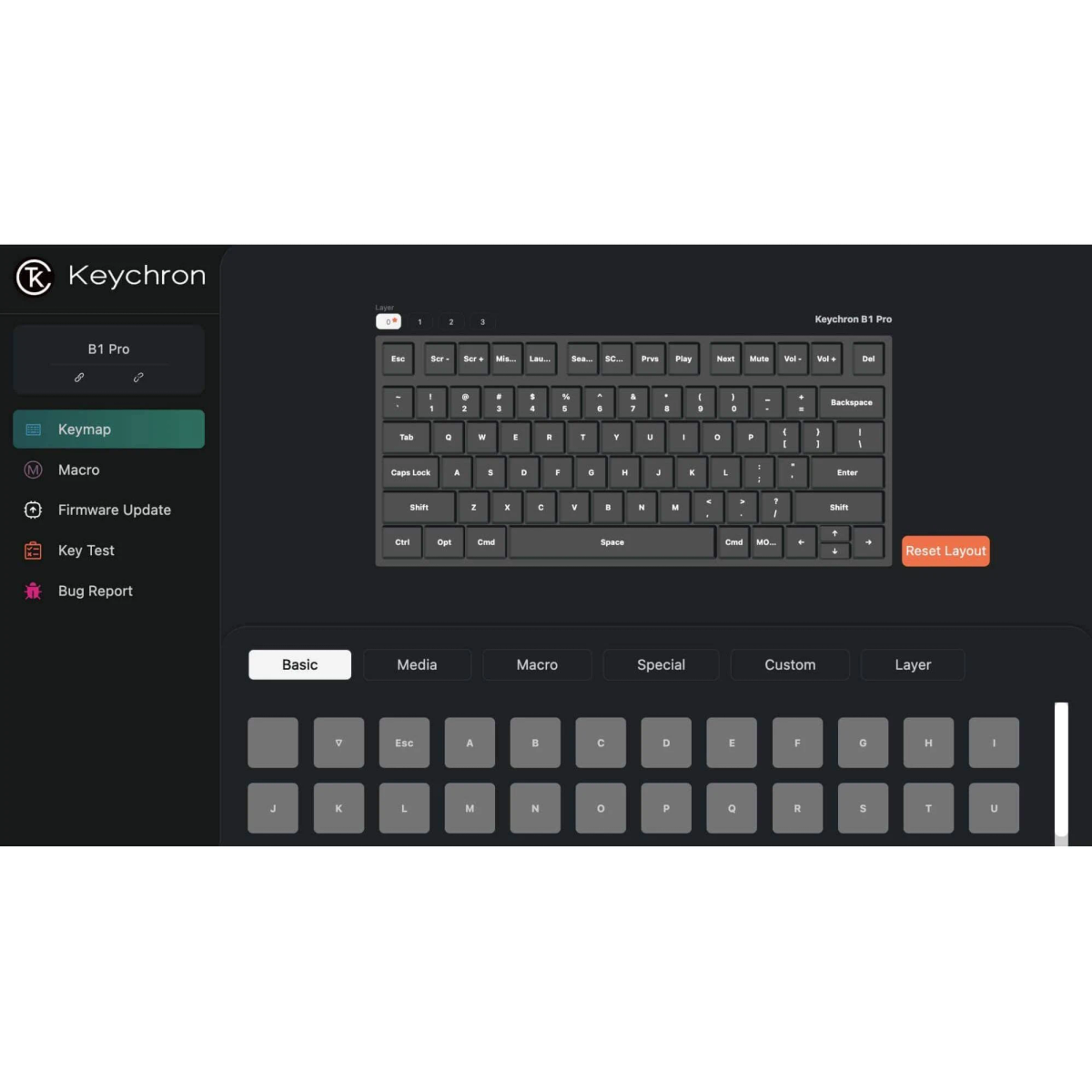 Screenshot della configurazione della tastiera Keychron con menu di mappatura dei tasti su sfondo grigio scuro.