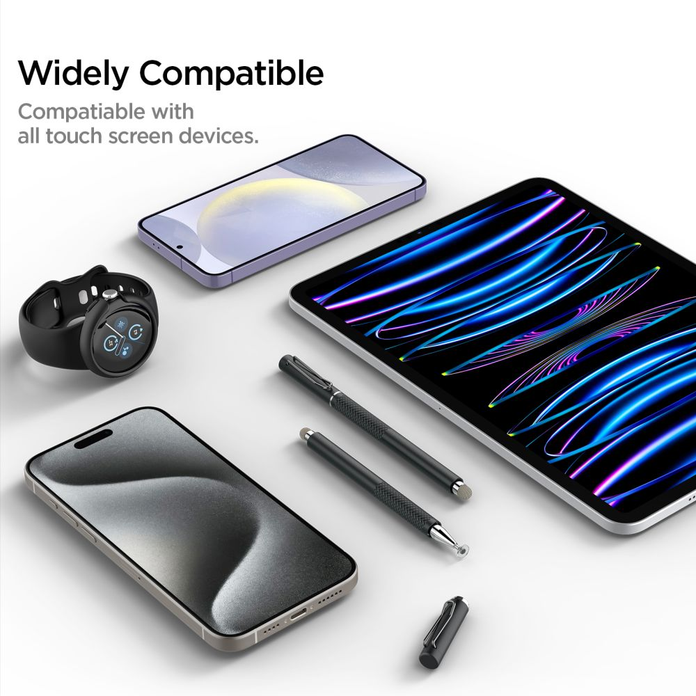 Un tablet, due telefoni, uno smartwatch e due pennini sono mostrati su una superficie bianca.