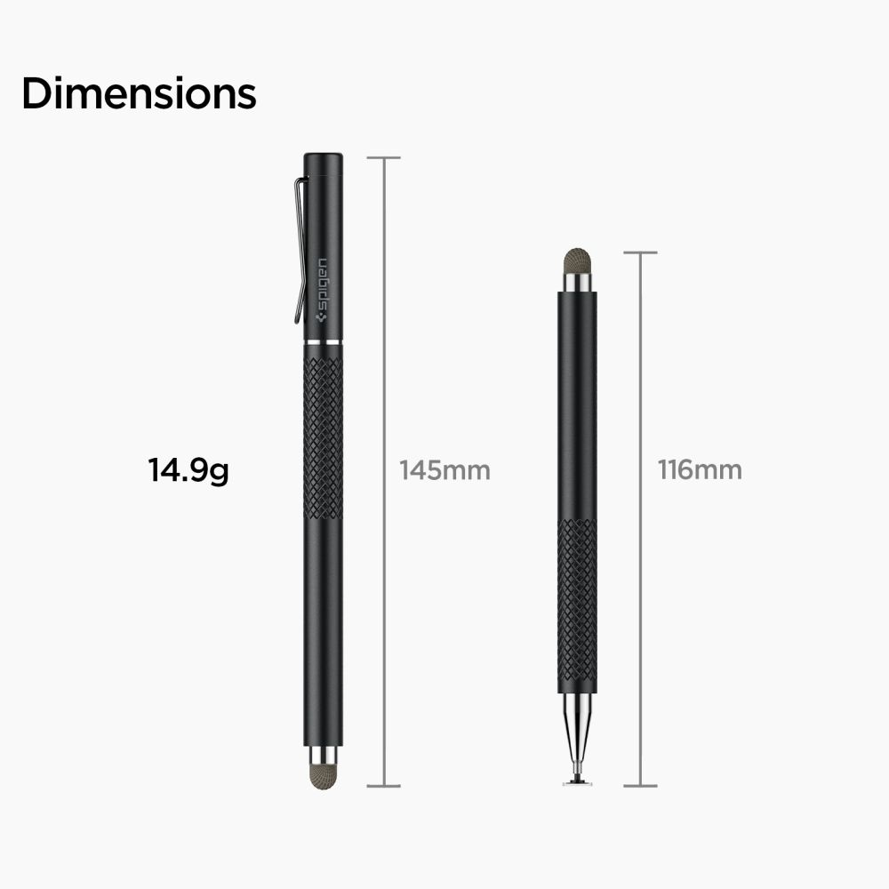 Disegno tecnico che mostra le dimensioni e il peso di due pennini neri.