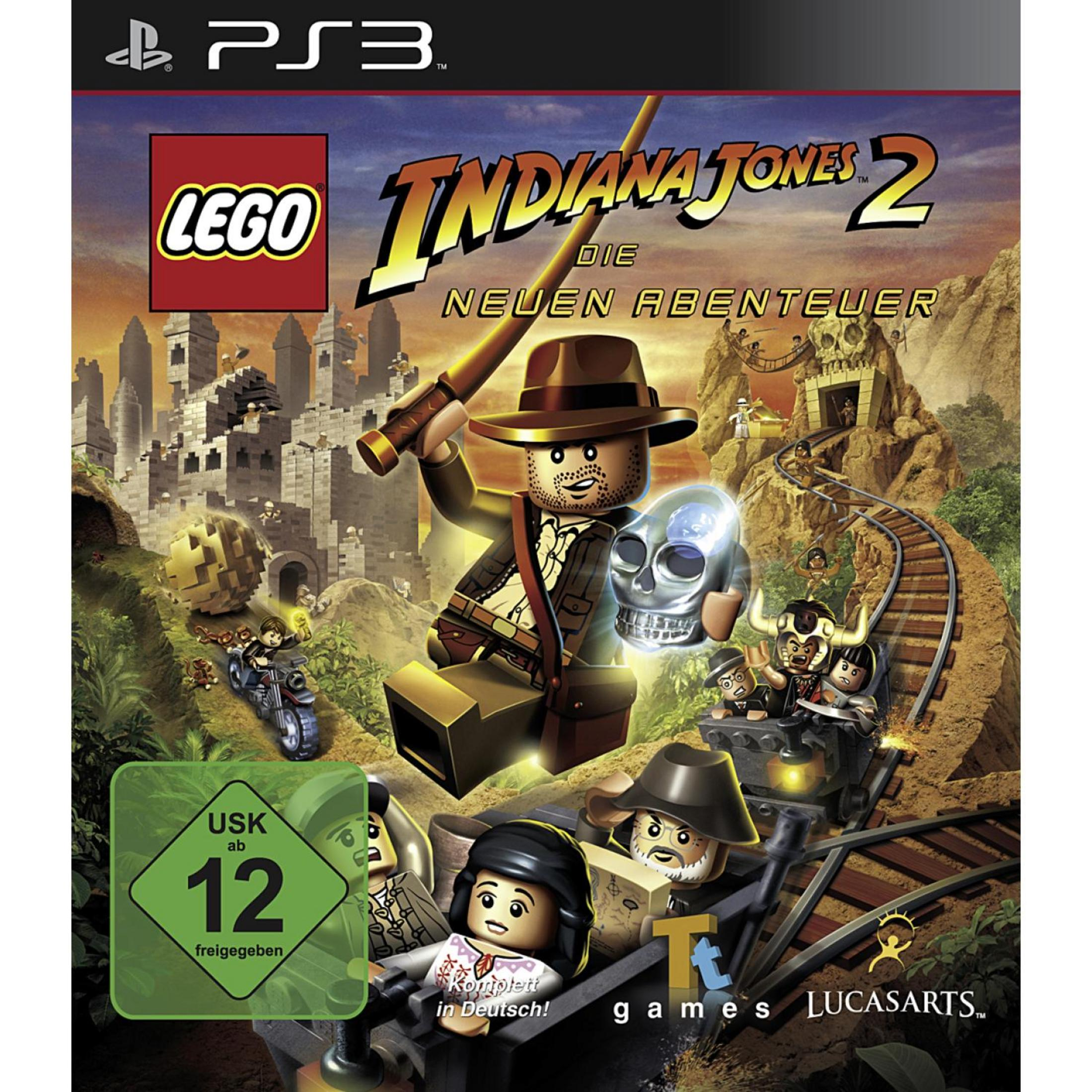 PS3-Spielcover von Lego Indiana Jones 2 mit Lego Indiana Jones, der einen Kristallschädel und eine Peitsche hält.