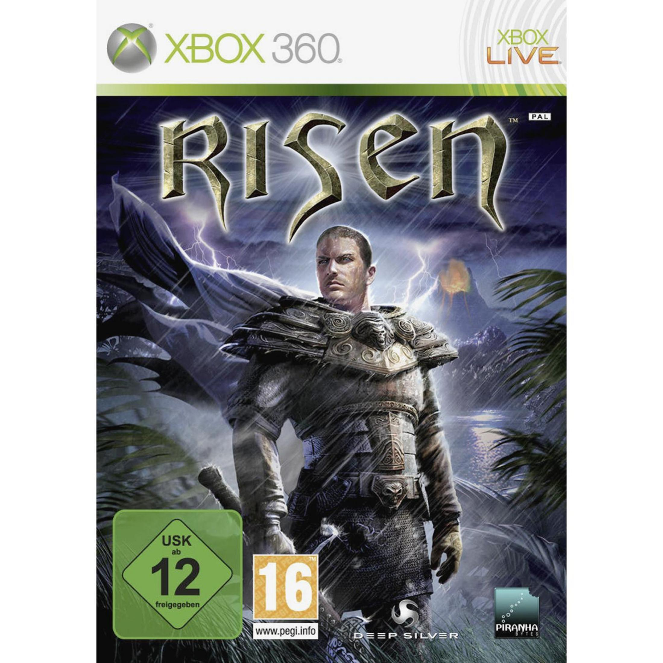 Xbox 360 Cover von Risen mit einem Krieger vor einer stürmischen Vulkanlandschaft.