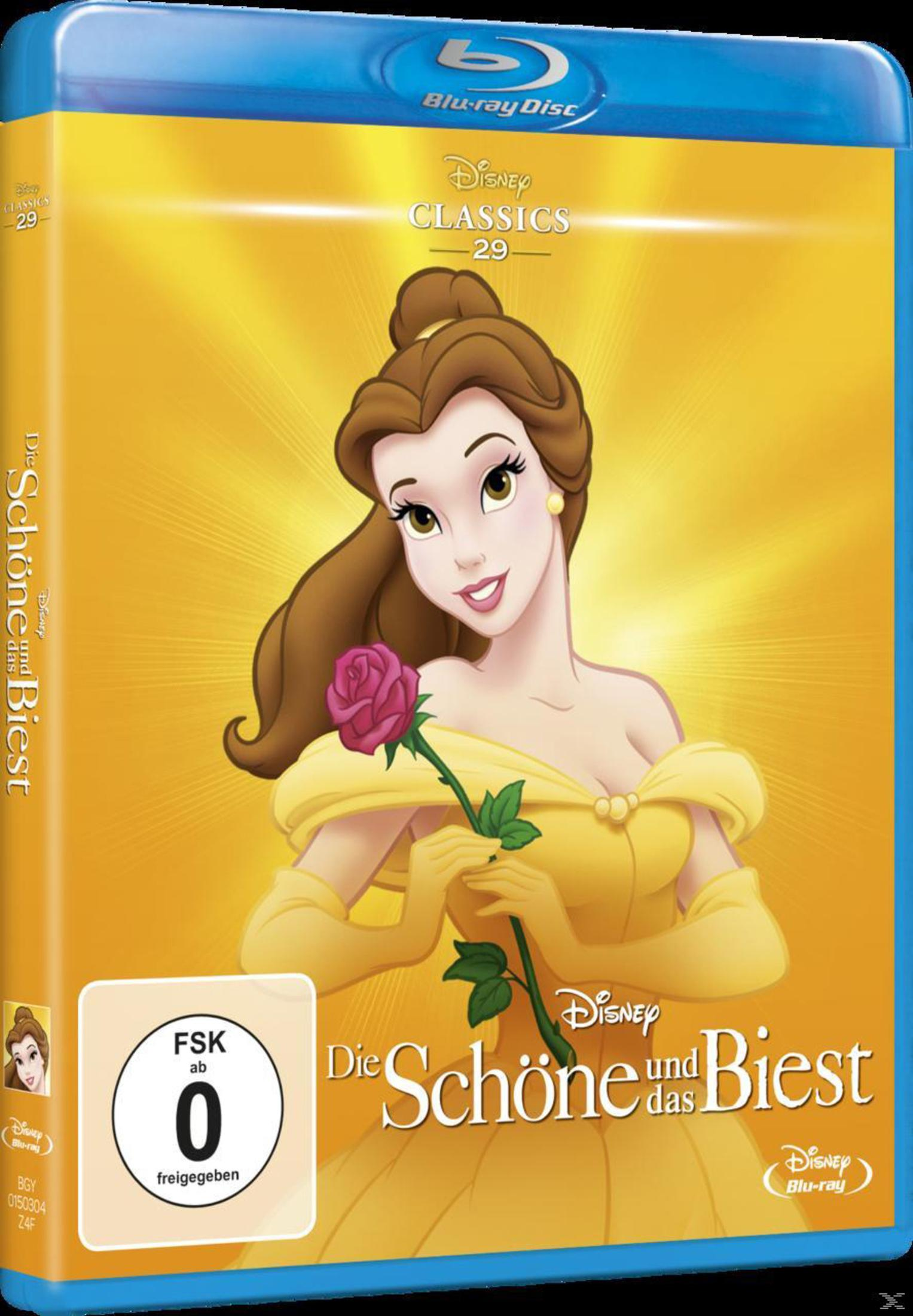 Disney Classics Blu-ray Cover von Die Schöne und das Biest mit Belle und einer roten Rose vor gelbem Hintergrund.