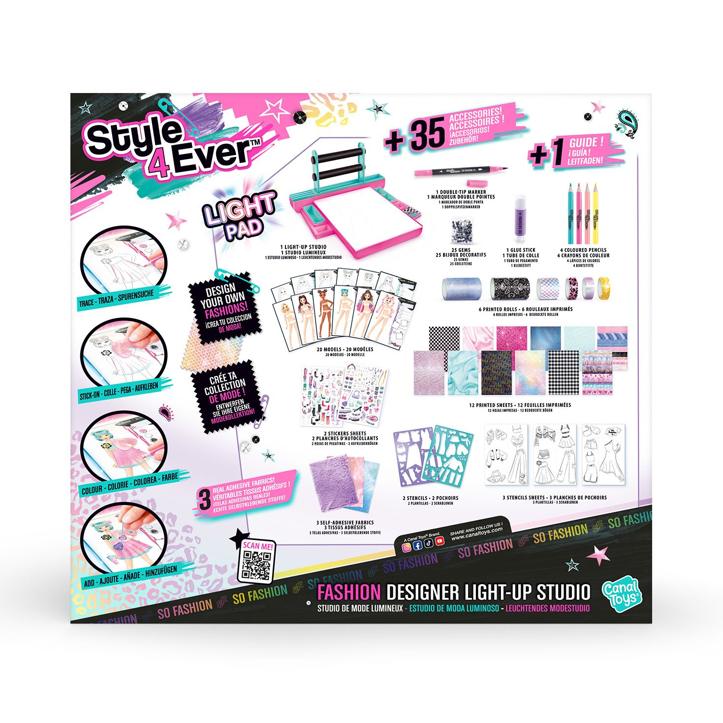 Kit de moda con bloc de luz, rotuladores, plantillas, pegatinas y telas para diseños creativos.