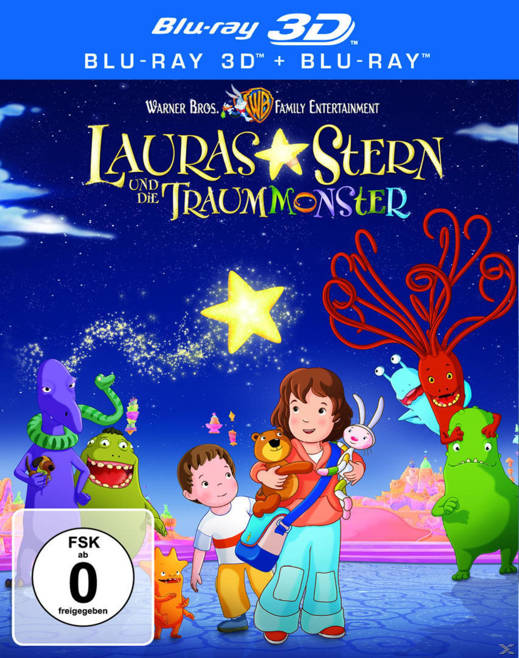 Blu-ray-Cover von Lauras Stern und die Traummonster mit Laura, Freunden und bunten Fabelwesen unter einem Sternenhimmel.