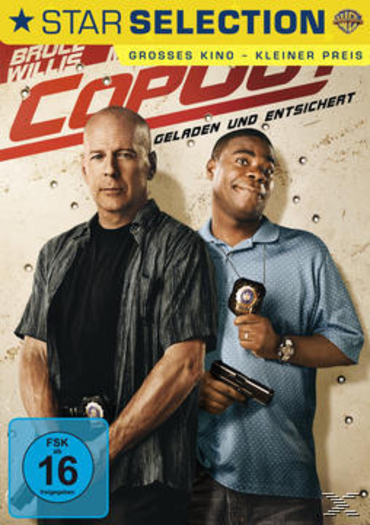 Bruce Willis und Tracy Morgan vor einer beschädigten Wand mit dem Filmtitel Cop Out und FSK-16-Logo.