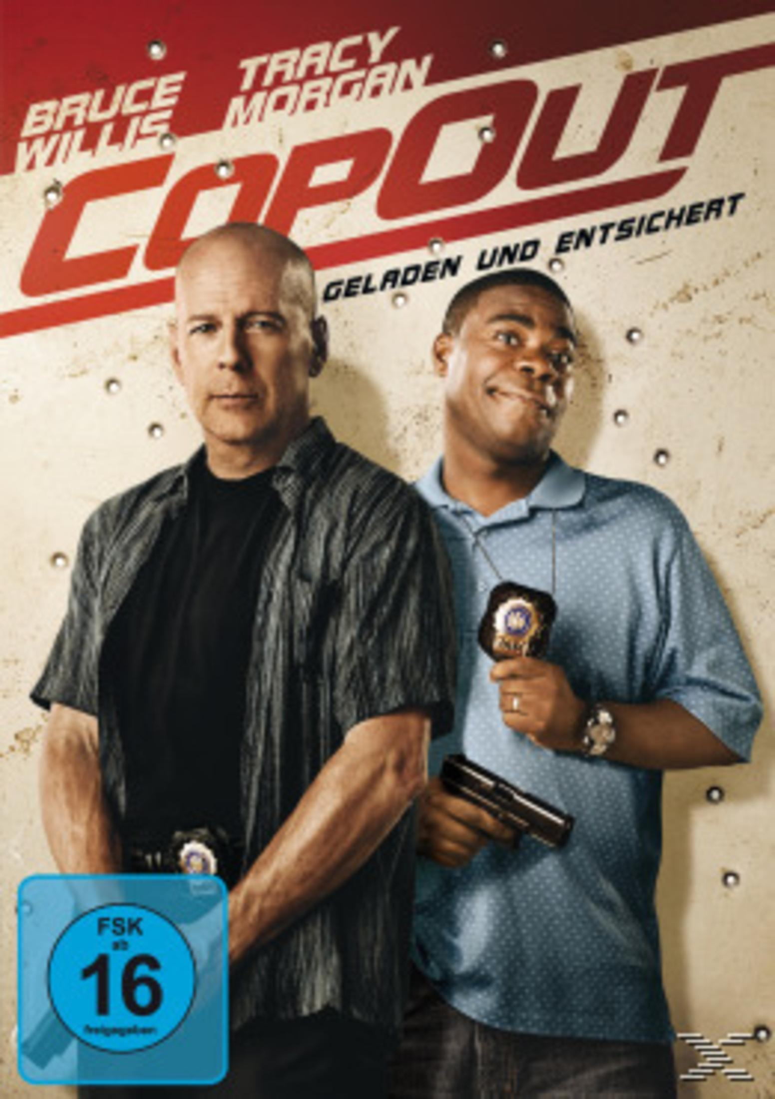 Filmplakat von Cop Out mit Bruce Willis und Tracy Morgan vor einer gemieteten Metallwand.