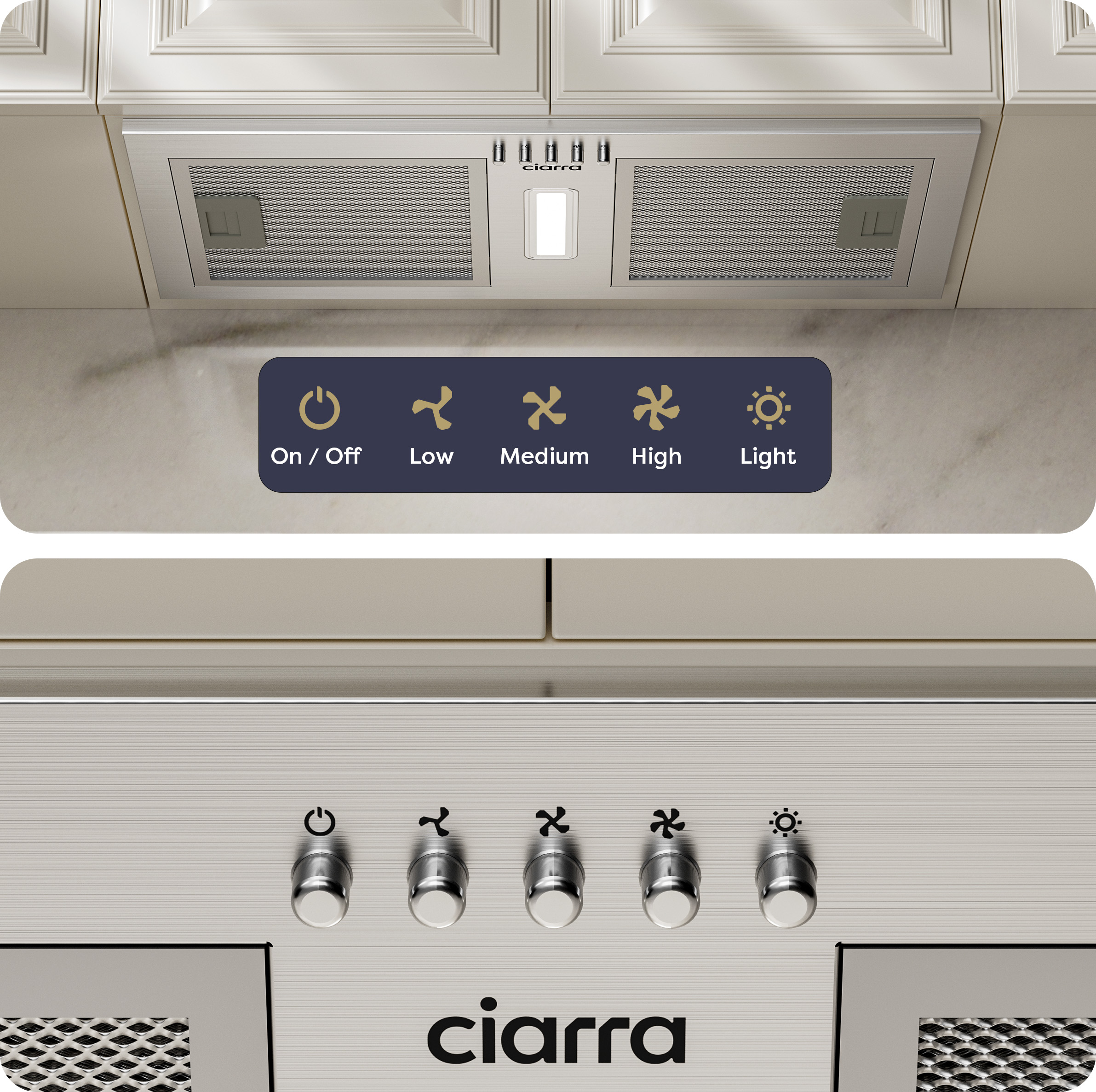 Cappa aspirante in acciaio inossidabile con pannello touch e pulsanti fisici.