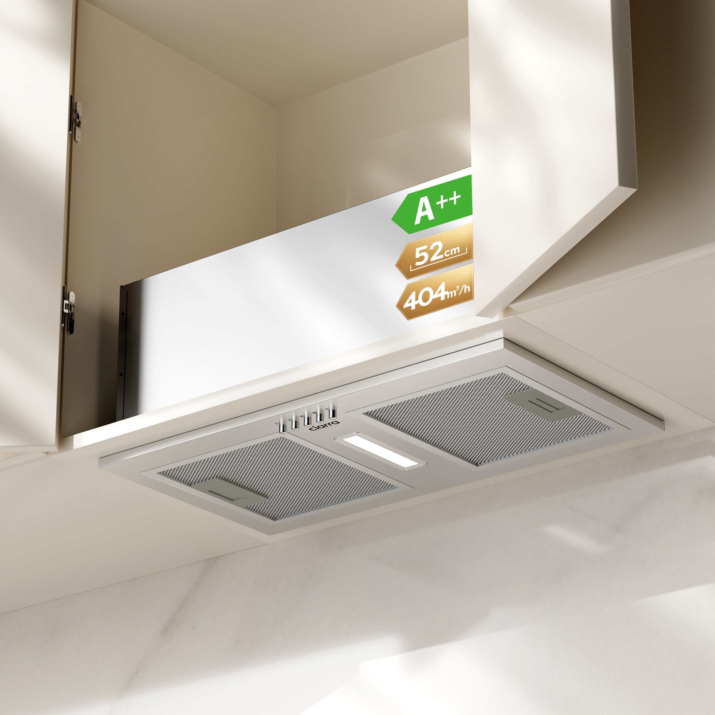 Ingebouwde afzuigkap in witte keukenkast met A++ energie-efficiëntiepictogram.