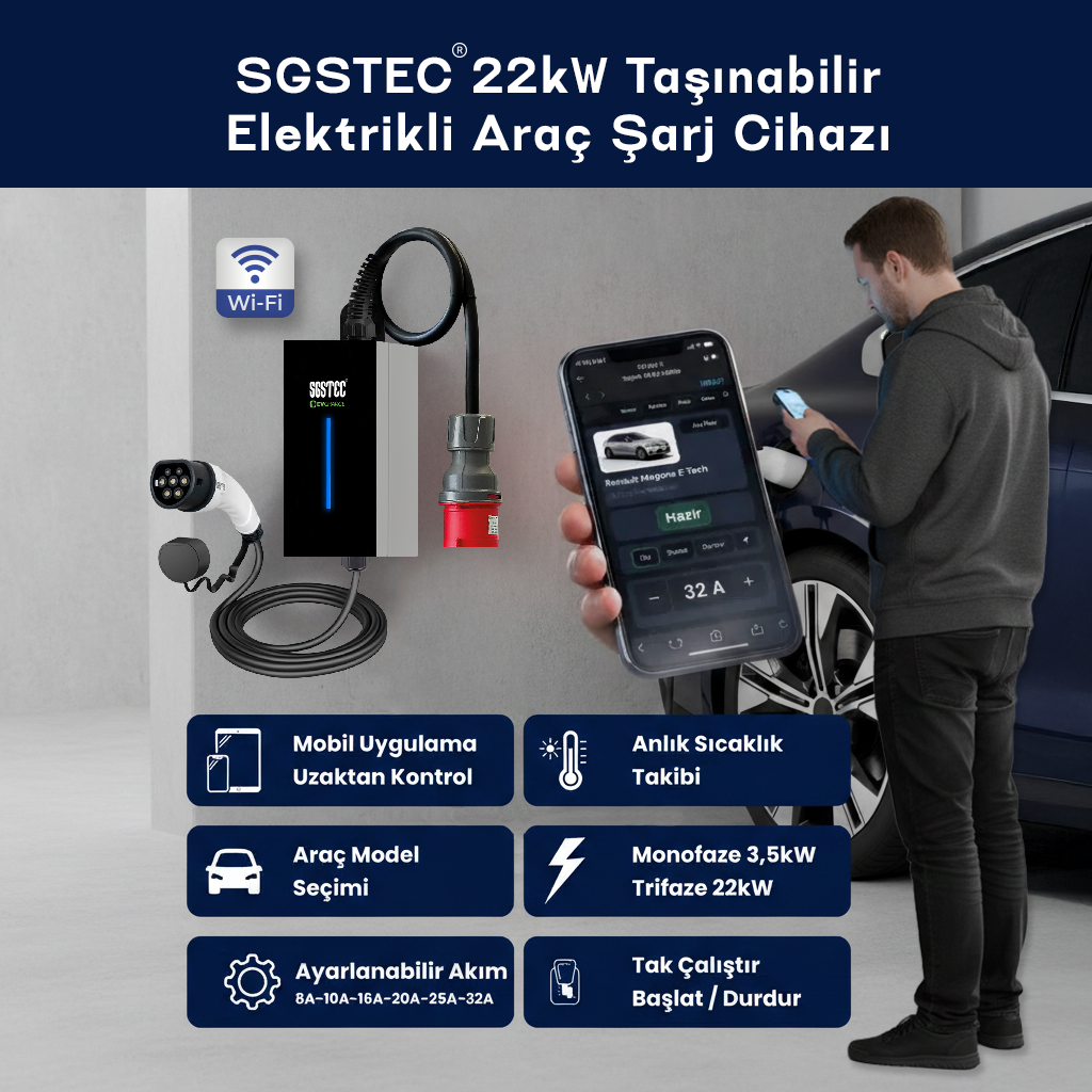 SGSTEC 22kW taşınabilir şarj cihazı ile akıllı telefon uygulamasından şarj eden adam.