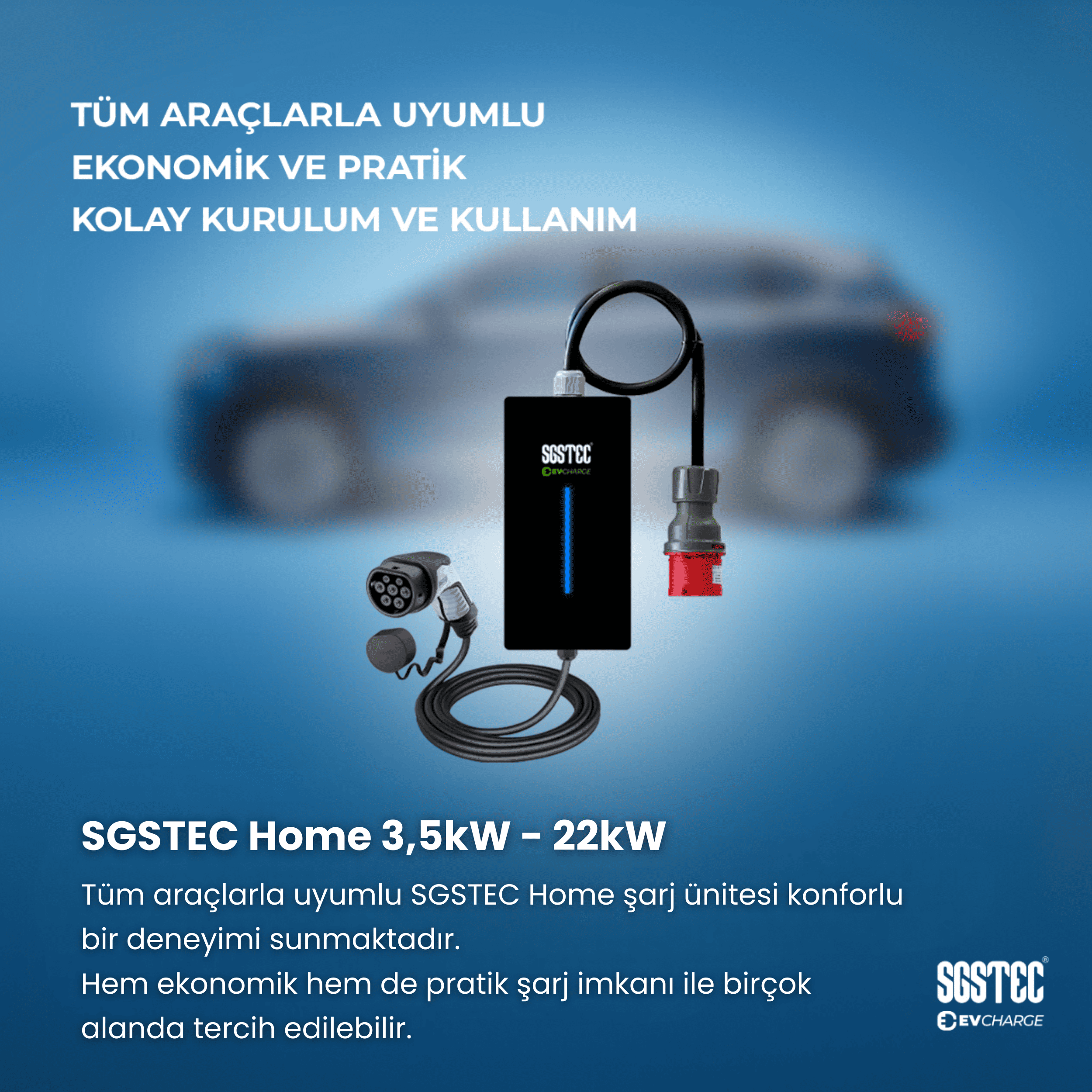 Araba silüeti olan mavi arka plan üzerinde SGSTEC Home EV şarj cihazı.
