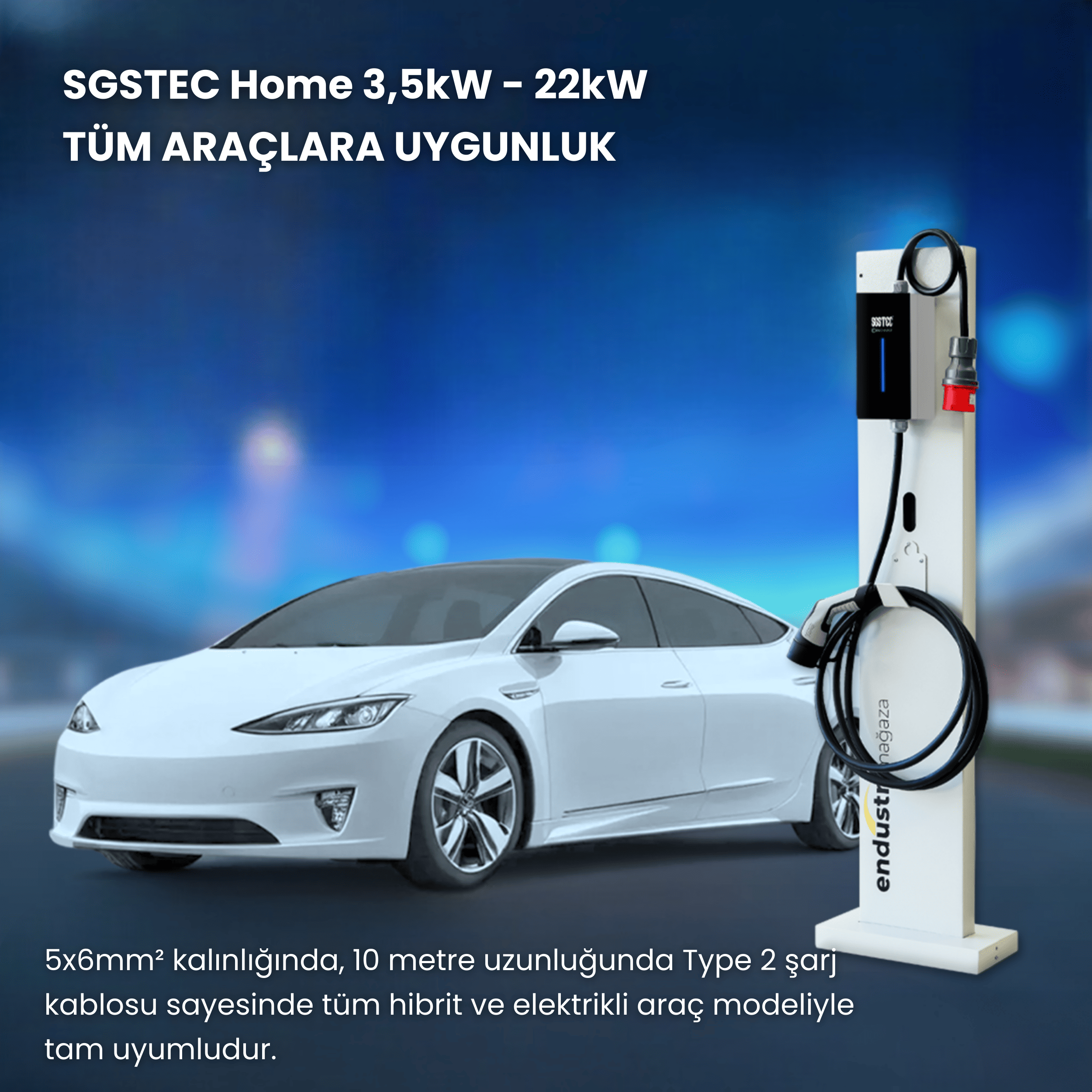 Mavi arka plan önünde kablolu bir şarj istasyonunun yanında duran beyaz bir elektrikli araç.