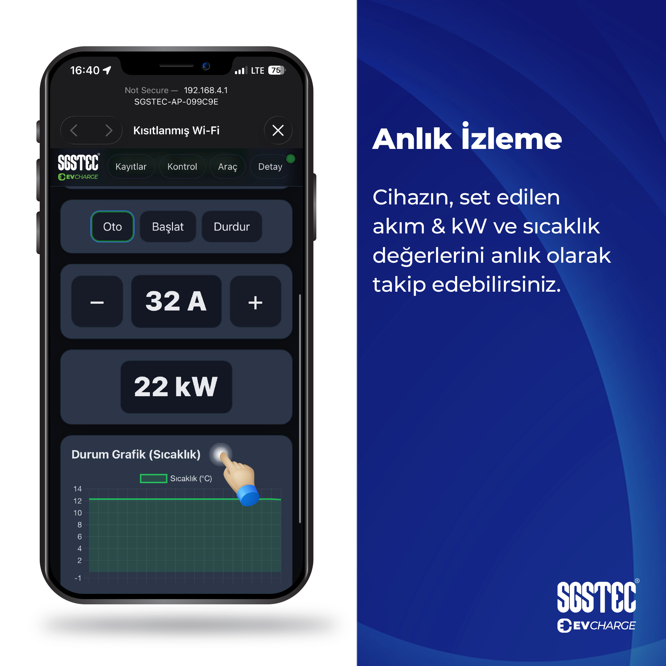 Bir akıllı telefon, akım ve sıcaklık kontrol düğmeleri ile bir sıcaklık grafiği içeren bir uygulama arayüzü gösterir.