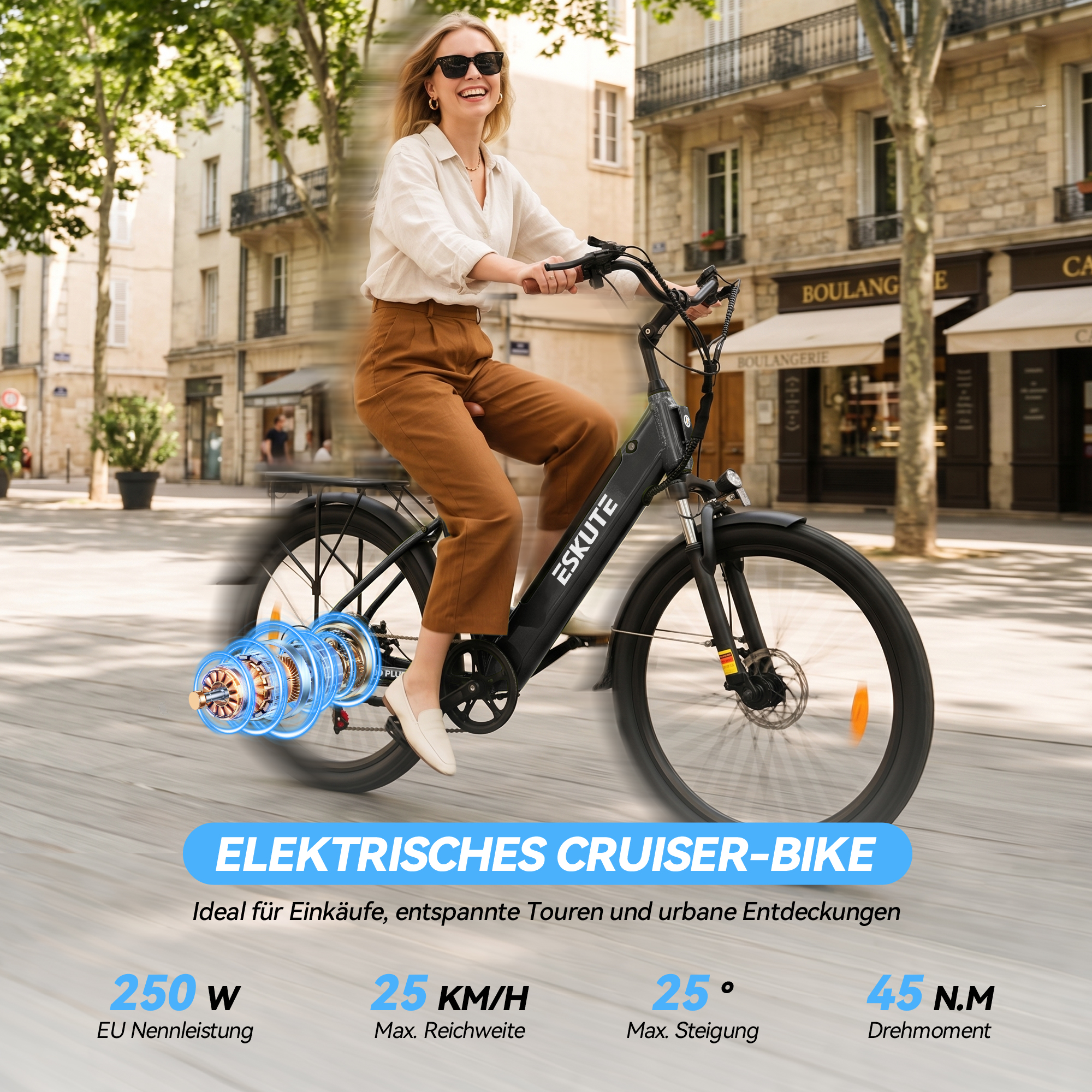 Eine lächelnde Frau fährt ein schwarzes E-Cruiser-Fahrrad auf einer Straße.