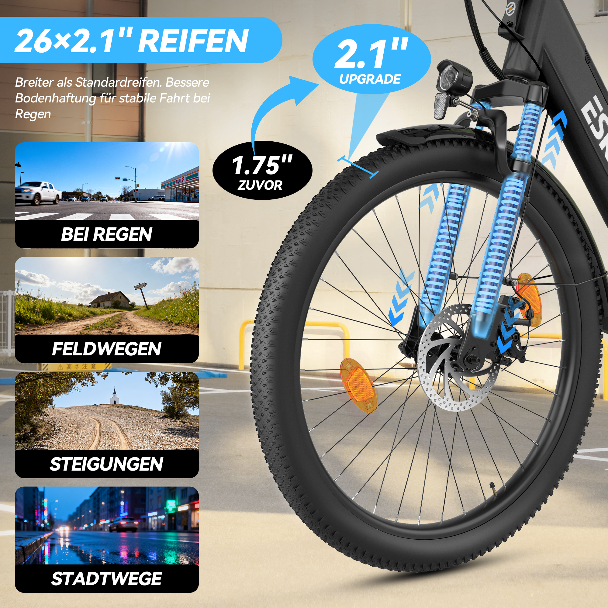 E-Bike Vorderrad mit breitem 2.1" Reifen, Scheibenbremsen und Federgabel für verschiedene Gelände.