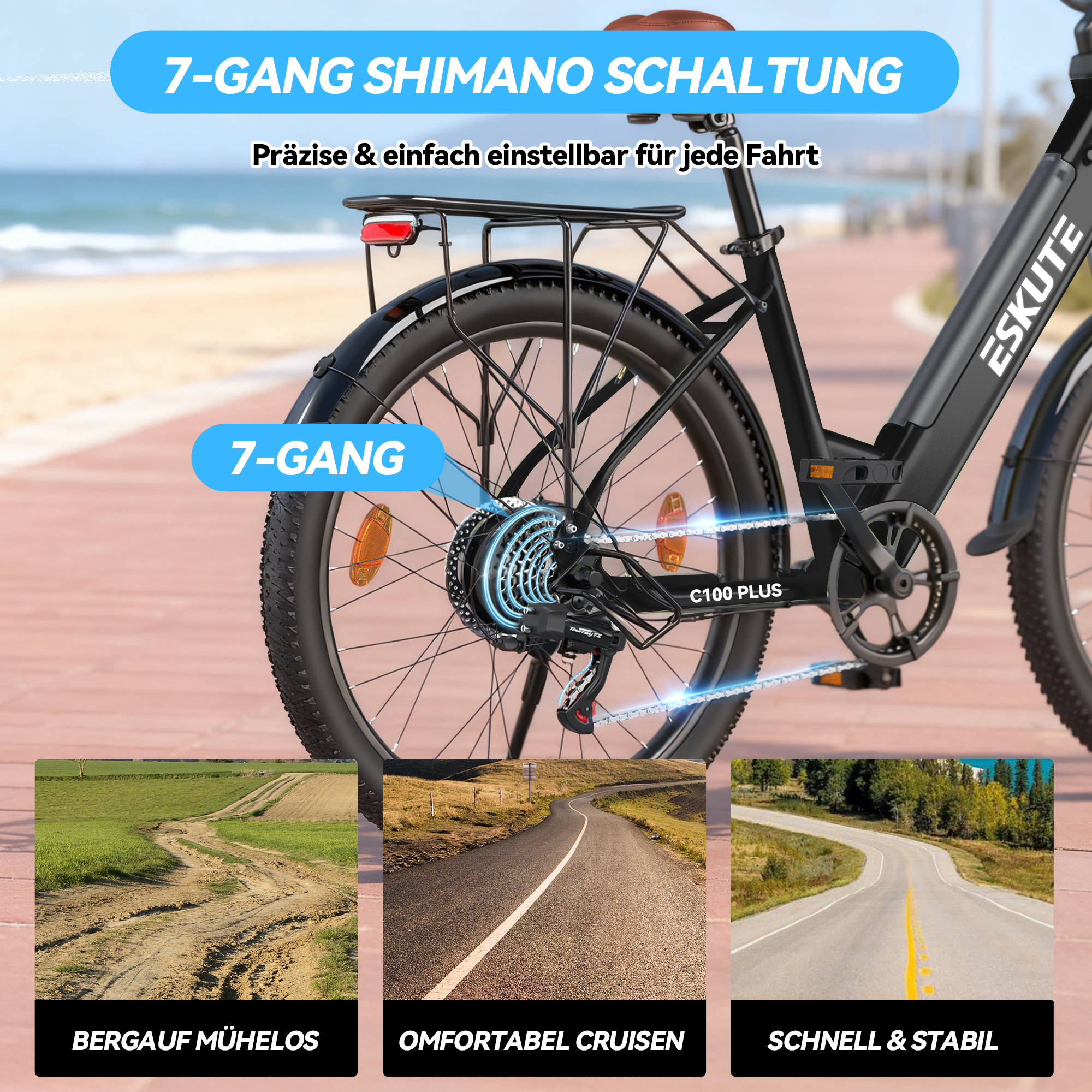 Eskute E-Bike mit 7-Gang-Shimano-Schaltung vor Strand, mit drei kleinen Bildern verschiedener Straßen.
