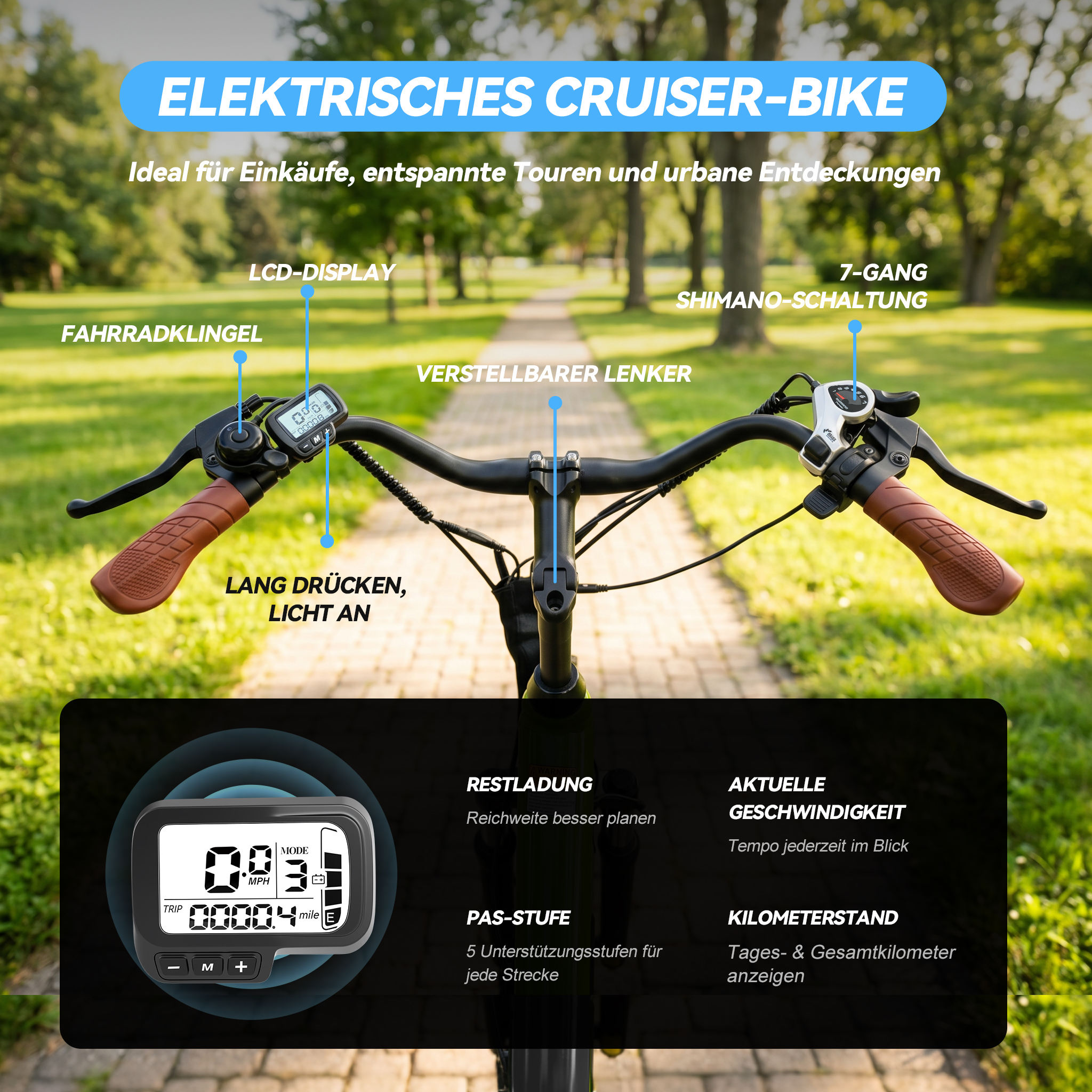 Ein elektrischer Cruiser-Fahrradlenker mit Beschriftungen für LCD-Display, Klingel und Gangschaltung.
