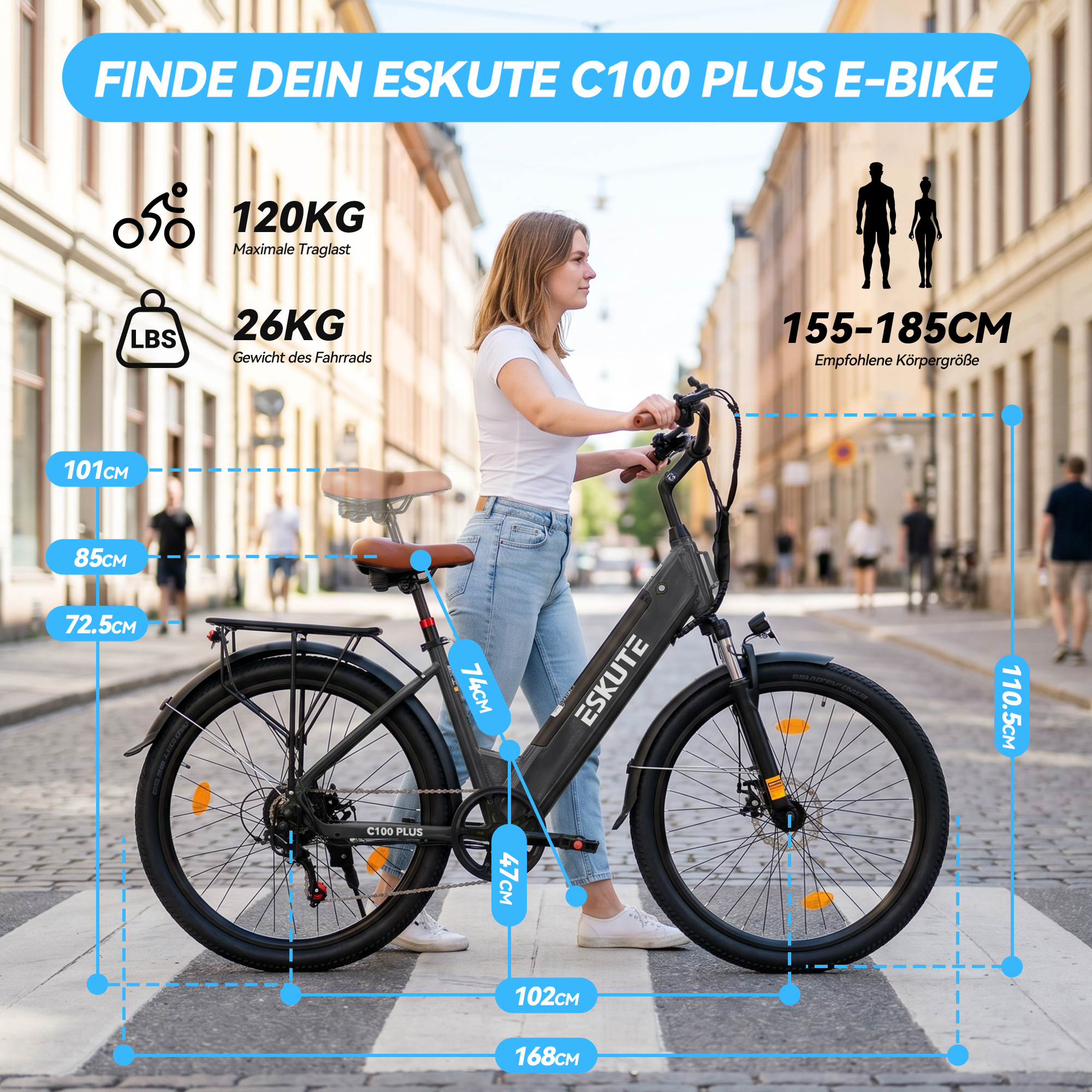 Eine Frau schiebt ein Eskute E-Bike auf einer Stadtstraße, mit Maßangaben und Daten im Hintergrund.