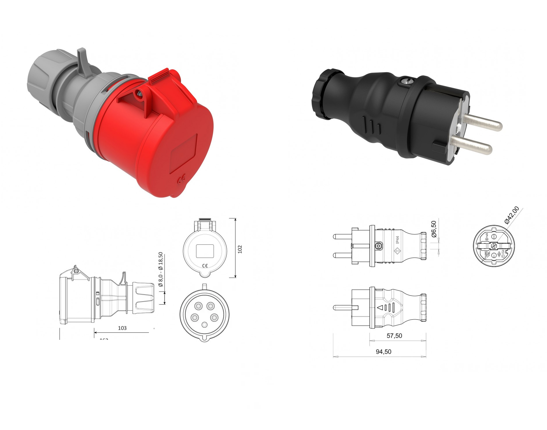 Ölçüleri ile iki farklı endüstriyel fişin teknik çizimleri ve 3D görünümleri.