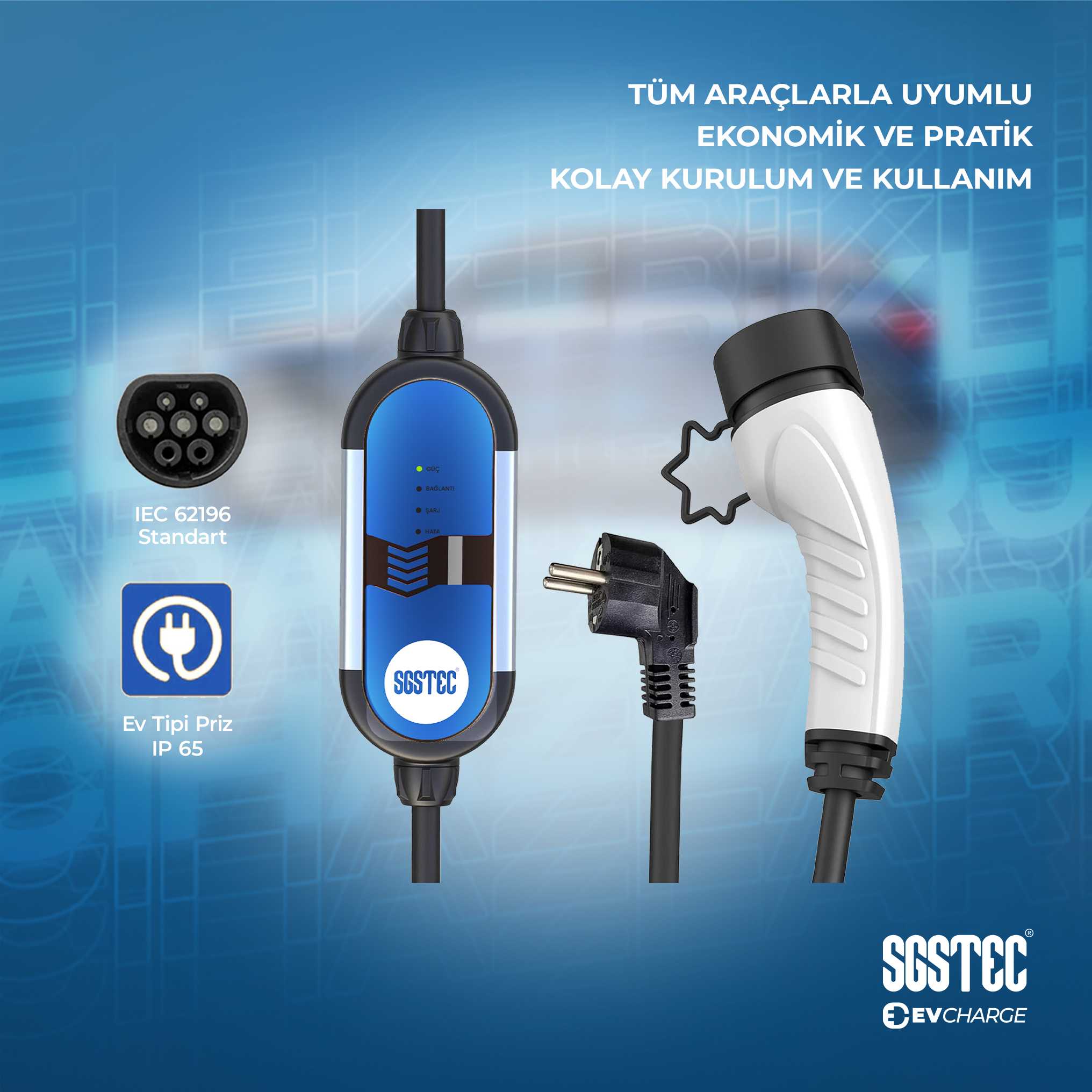 Mavi arka plan üzerinde fiş, kontrol kutusu ve priz simgeleri bulunan SGSTEC EV şarj kablosu.