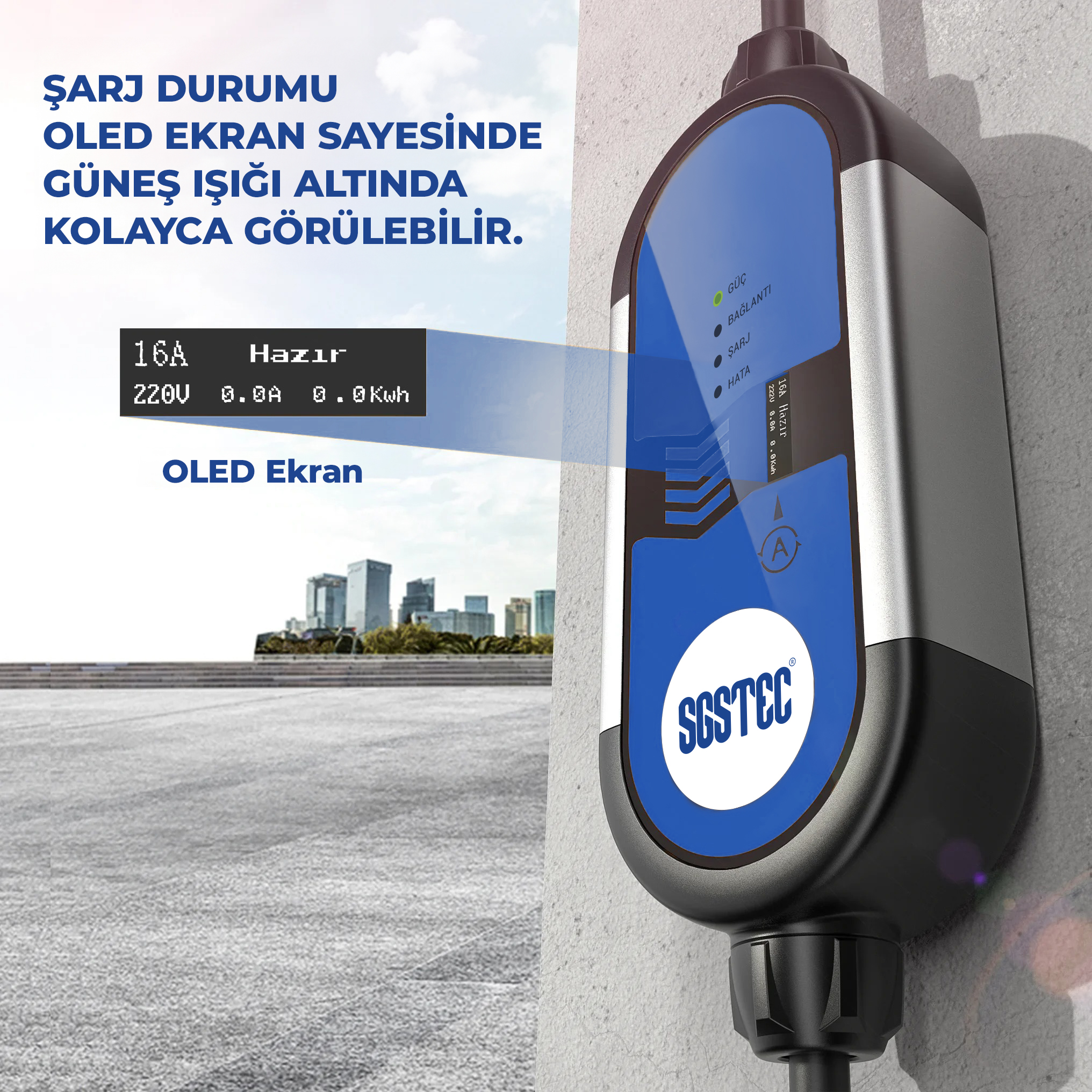 Duvara monte edilmiş mavi-siyah SGSTEC şarj cihazı, şarj verilerini gösteren bir OLED ekrana sahiptir.