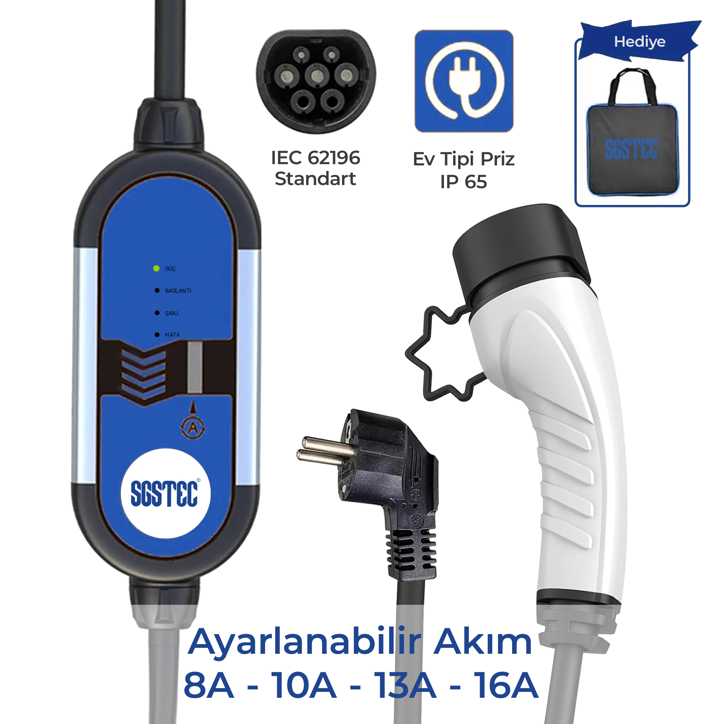 Kontrol kutusu, fiş, konnektör ve standartları, IP65'i ve hediye çantasını belirten simgeleri olan bir elektrikli araç şarj cihazı.