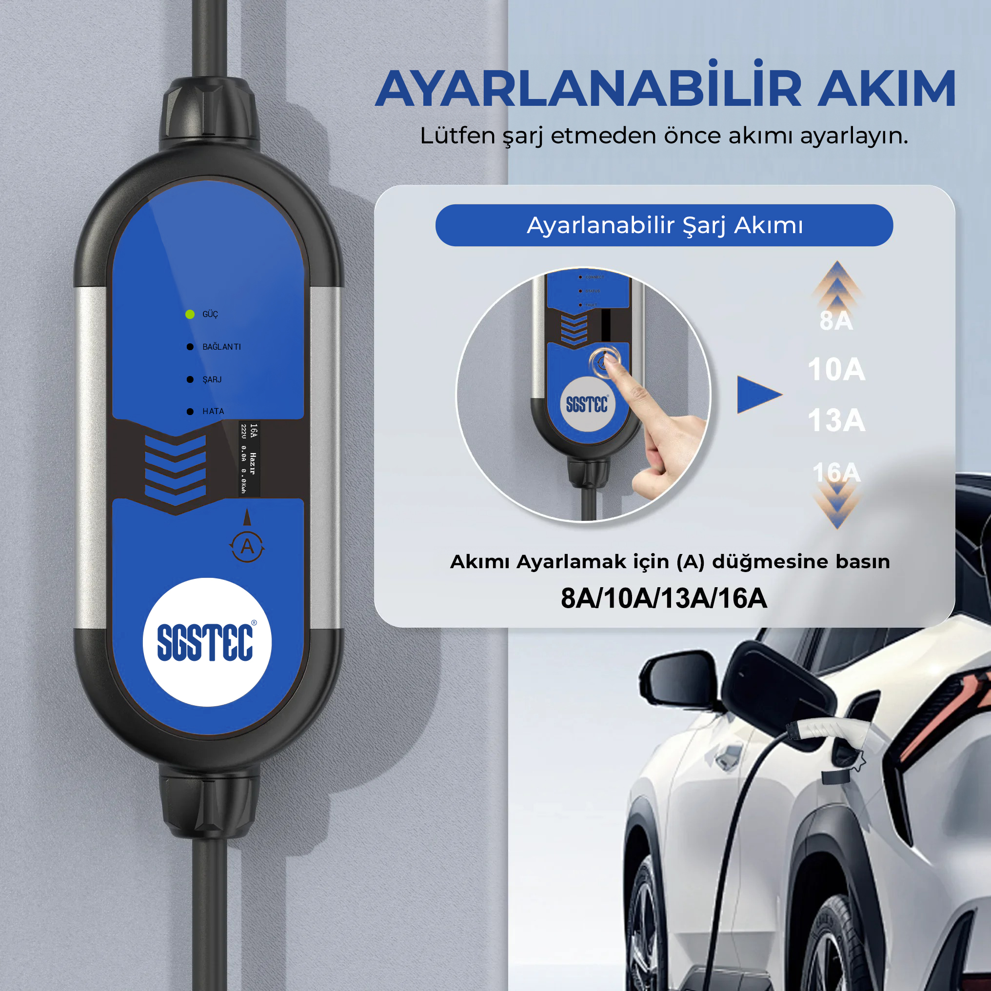 Ayarlanabilir akım düğmeleri ve bağlı bir araba gösteren bir SGSTEC EV şarj cihazı.