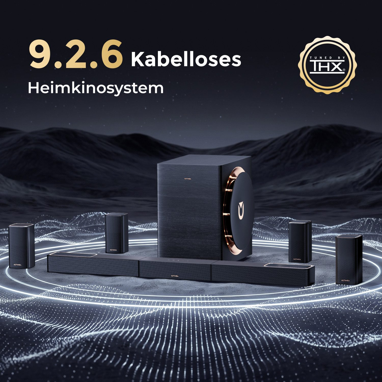 Kabelloses 9.2.6 Heimkinosystem mit Lautsprechern und Subwoofer in einer digitalen Landschaft.