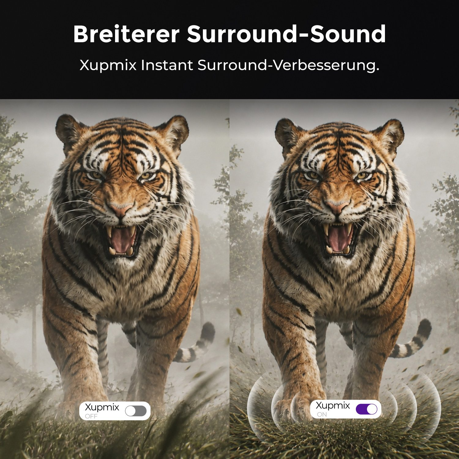 Vergleich eines knurrenden Tigers mit Xupmix aus und an in einem Wald.