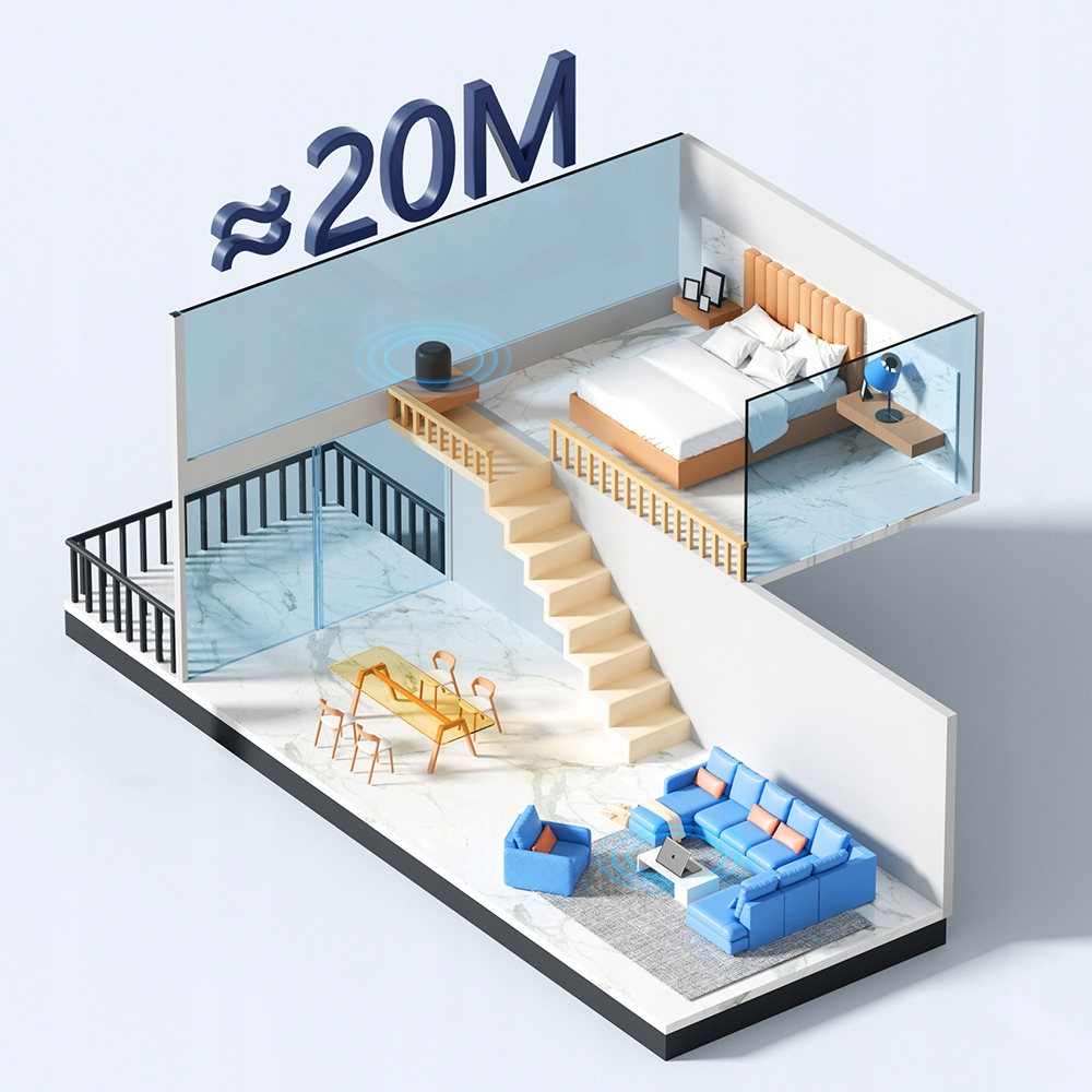 Sezione 3D di una casa con soggiorno, zona pranzo e camera da letto superiore con scale, e scritta "20M".