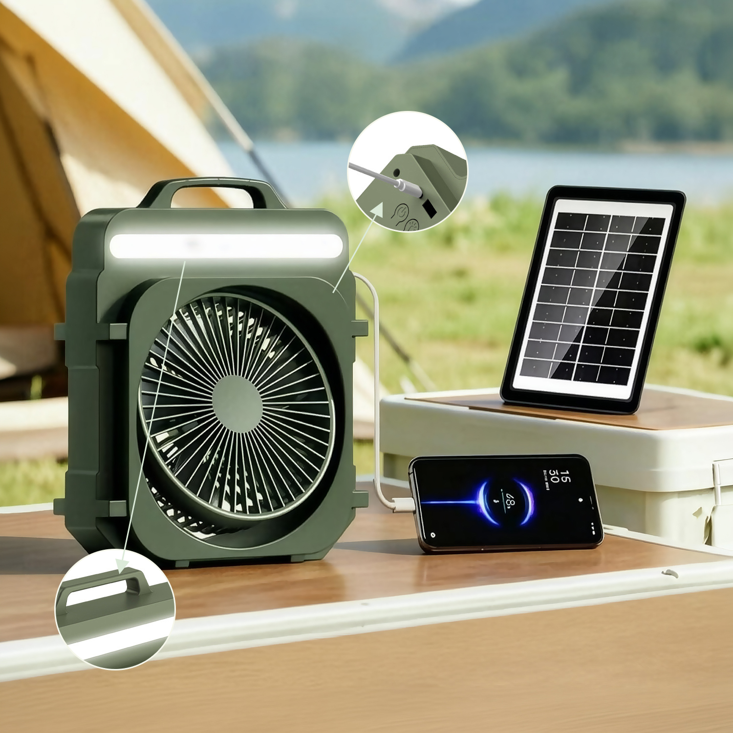 Ventilador de camping verde con luz LED conectado a un panel solar y smartphone en una mesa.