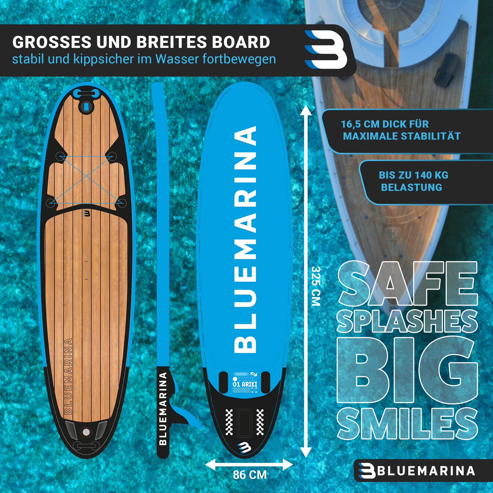 Ein blaues Stand-Up-Paddleboard von Bluemarina mit Holzoptik, Maßen von 325x86 cm und Textoverlays auf türkisfarbenem Grund.