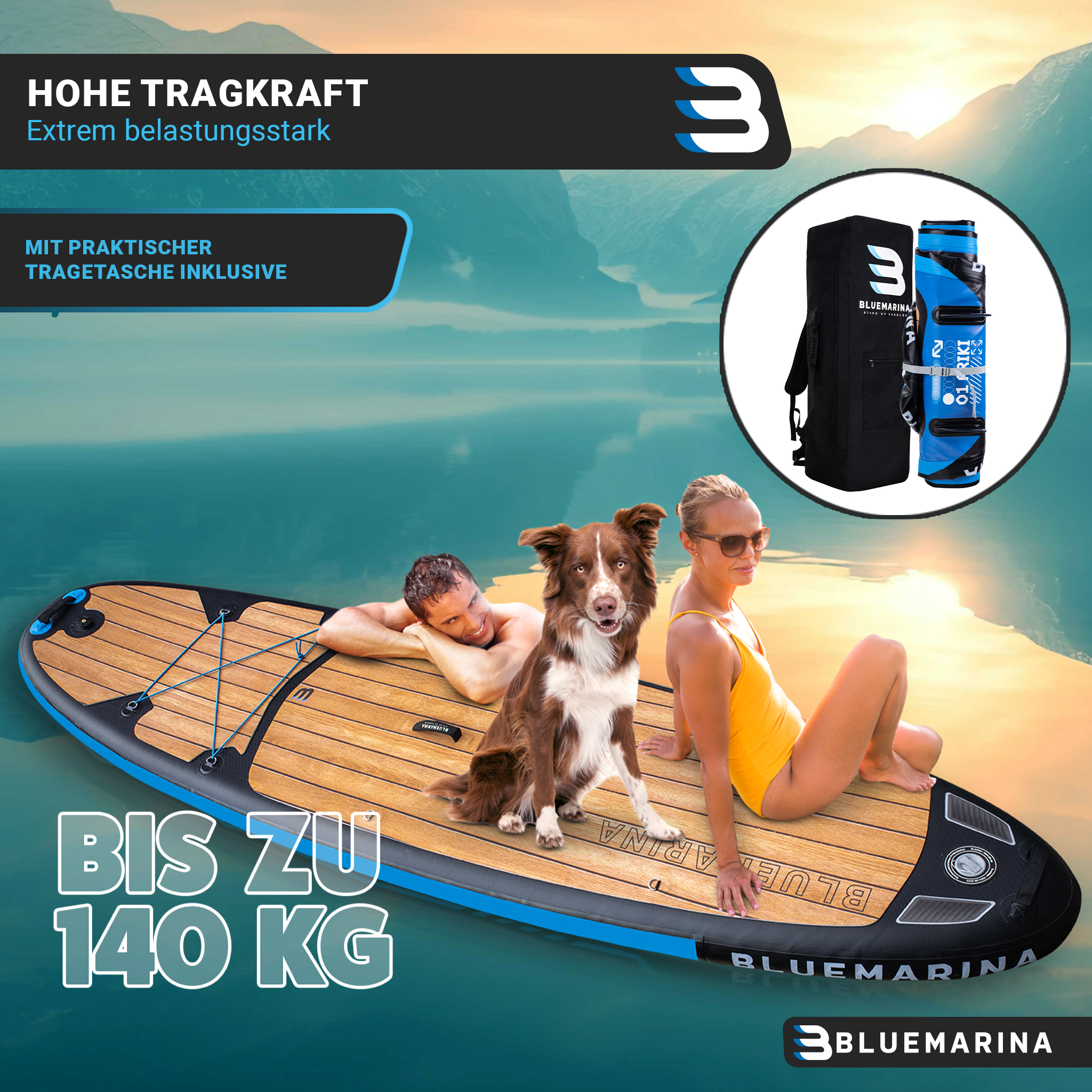 Ein SUP-Board auf einem See mit einem Paar und einem Hund, sowie eine Transporttasche im Inset.
