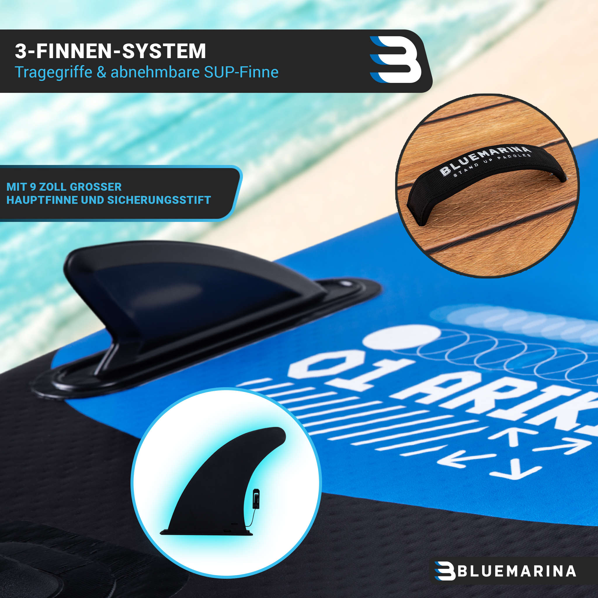 Ein blau-schwarzes SUP-Board zeigt eine Finne und einen Griff, mit deutschem Text und Logo.