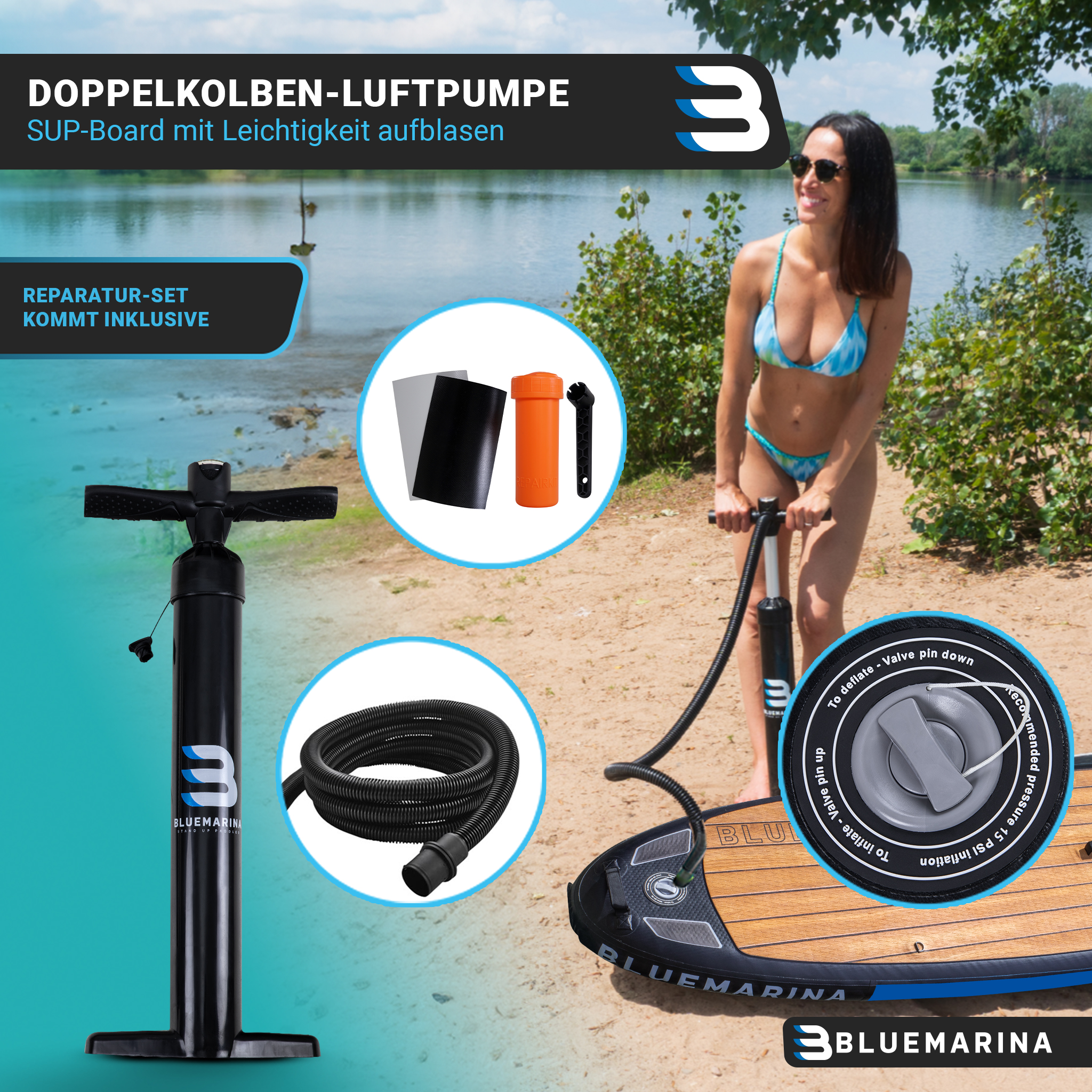 Eine Frau pumpt ein SUP-Board am See auf, mit Nahaufnahmen der Luftpumpe, des Schlauchs und des Reparatursets.