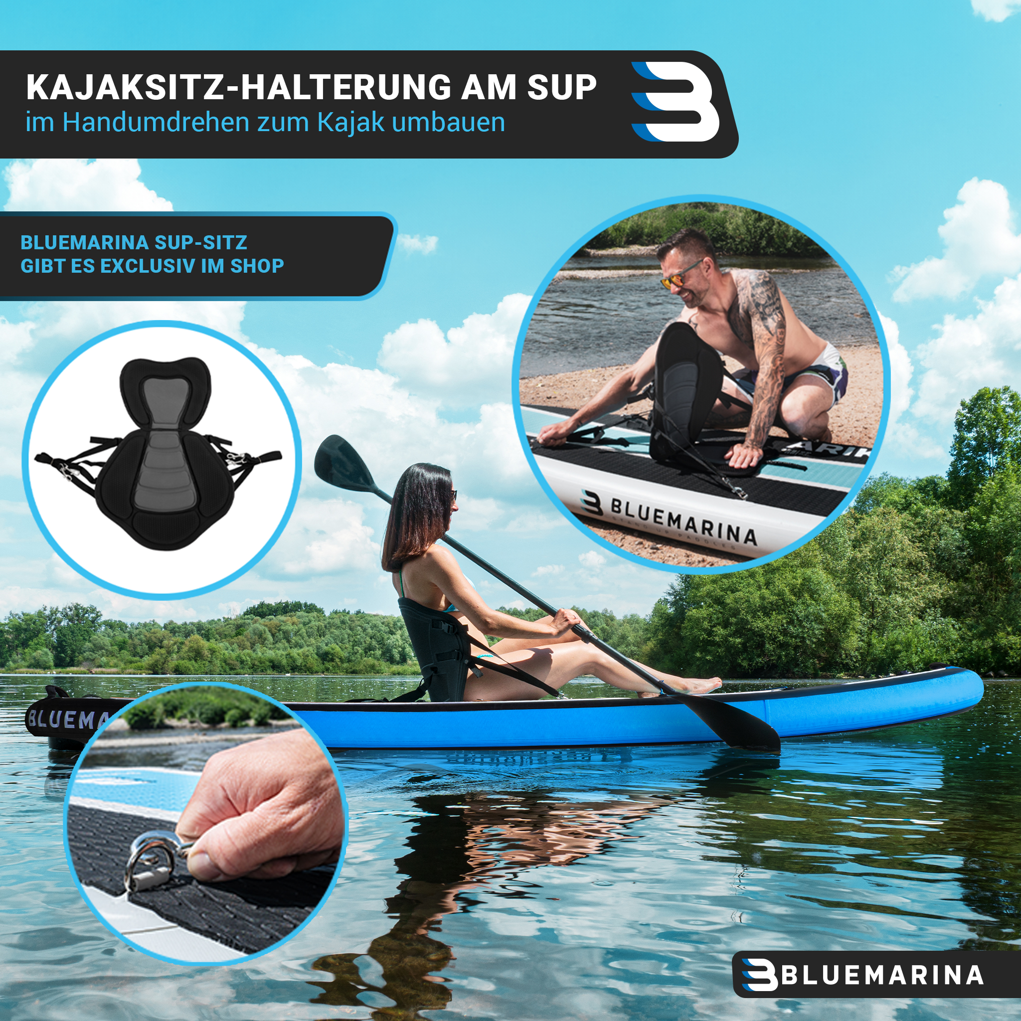 Eine Frau paddelt auf einem blauen SUP mit Kajaksitz auf einem See, mit Insets des Sitzes und der Befestigung.