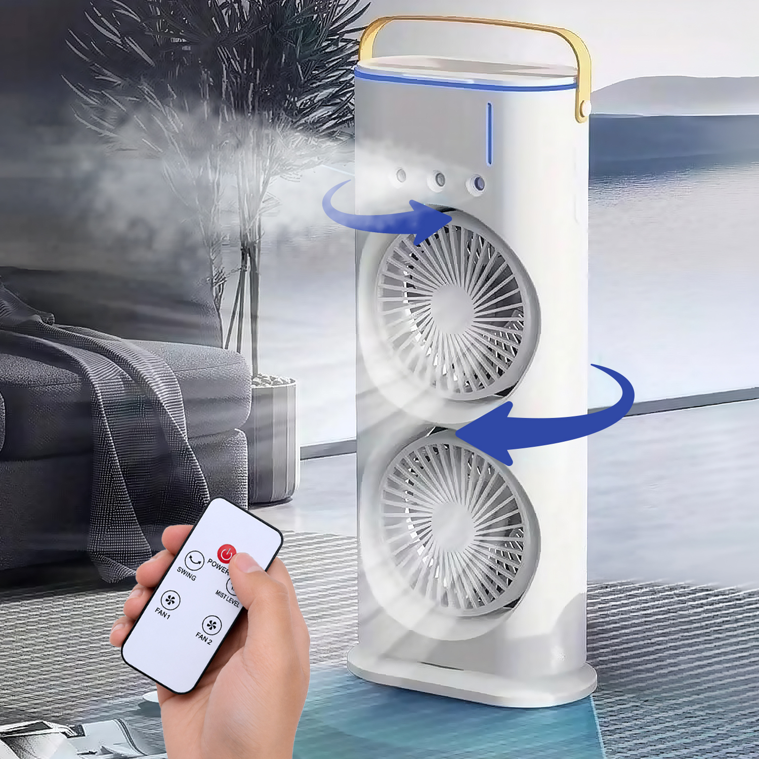 Una mano sostiene un control remoto apuntando a un humidificador.