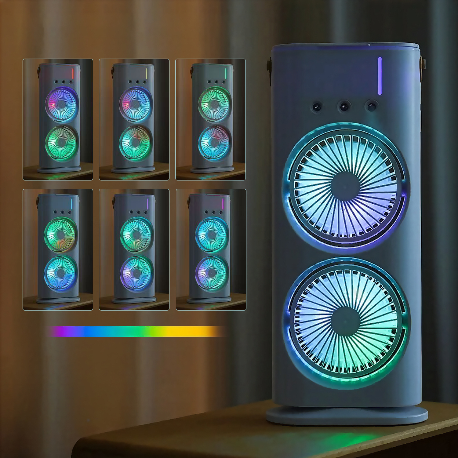 Un ventilador de torre con ventiladores iluminados duales y luces LED coloridas en varios modos.