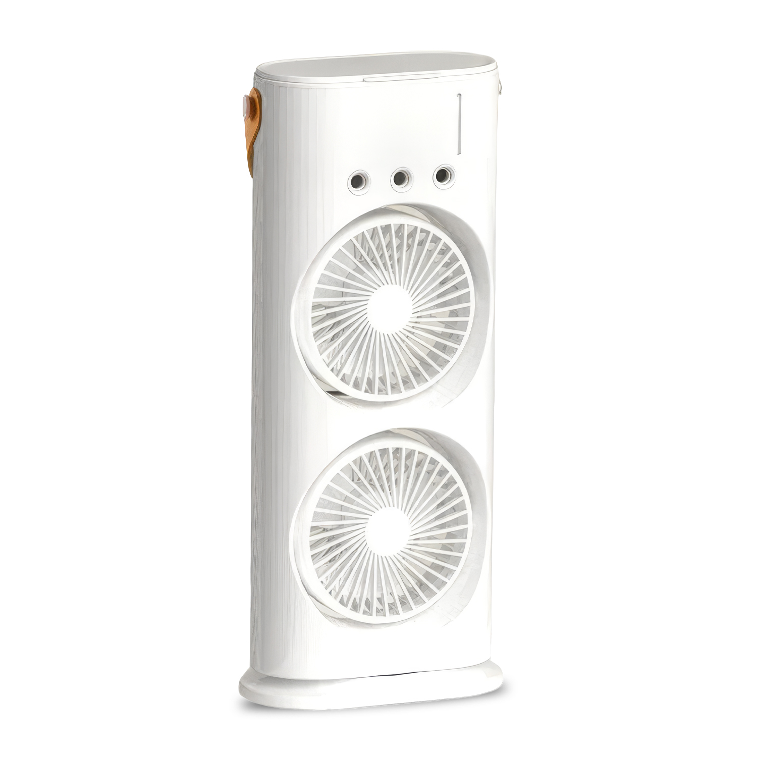 Un ventilador de mesa vertical blanco con dos ventiladores circulares apilados sobre un fondo blanco.