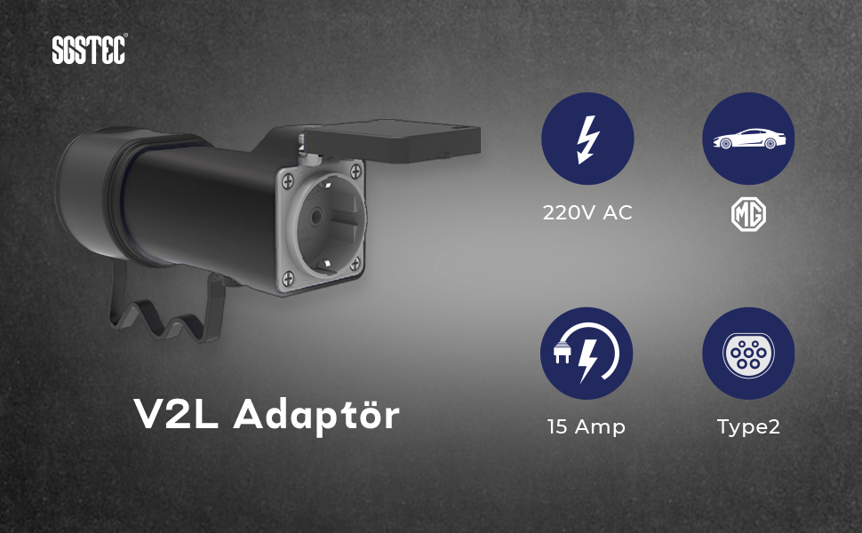 Koyu arka planda V2L adaptörü, 220V, araba, 15A ve Tip 2 simgeleriyle.