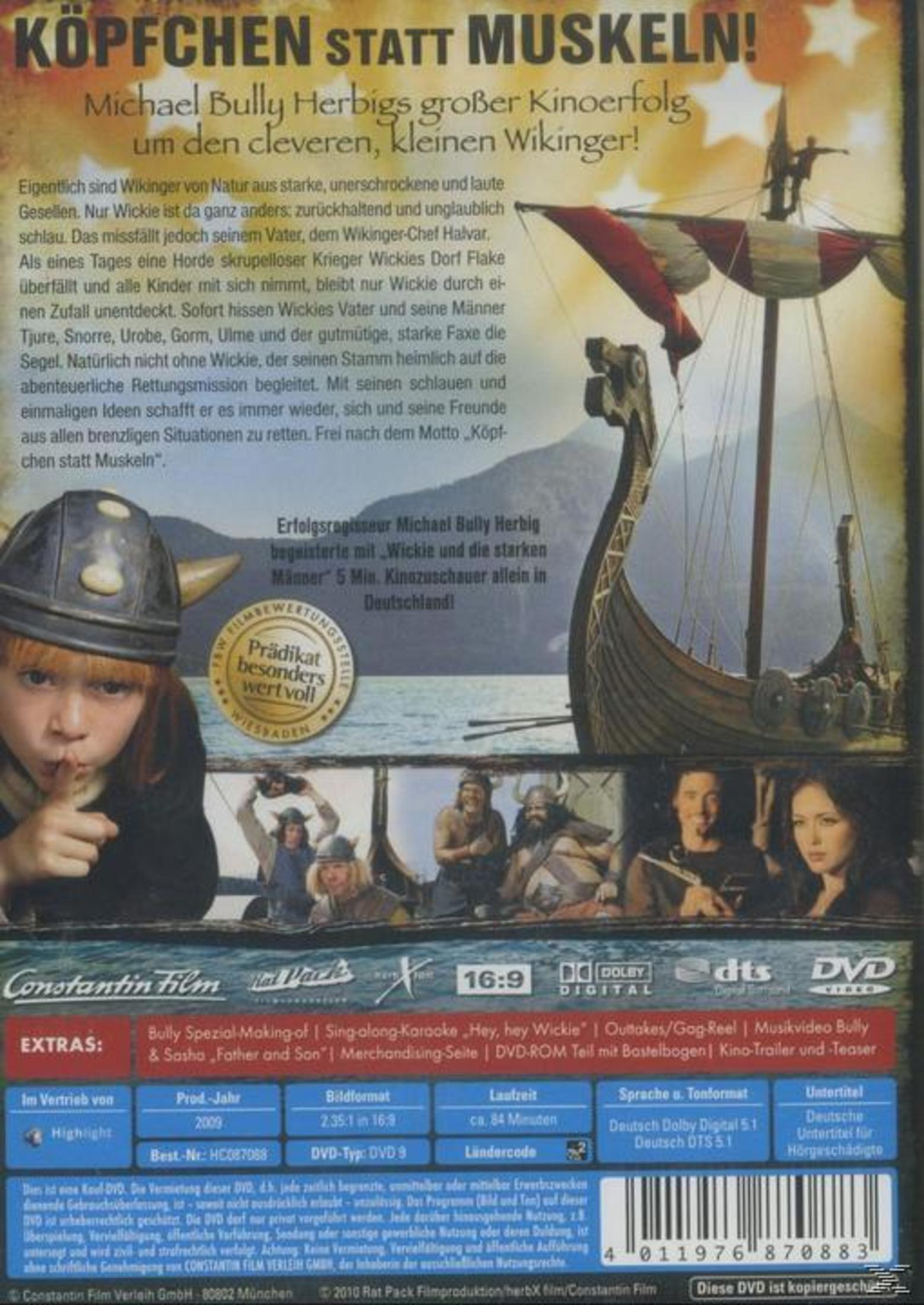 DVD-Rückseite mit Text, Bildern aus dem Film "Wickie", einem Wikingerschiff, Darstellern und technischen Infos.