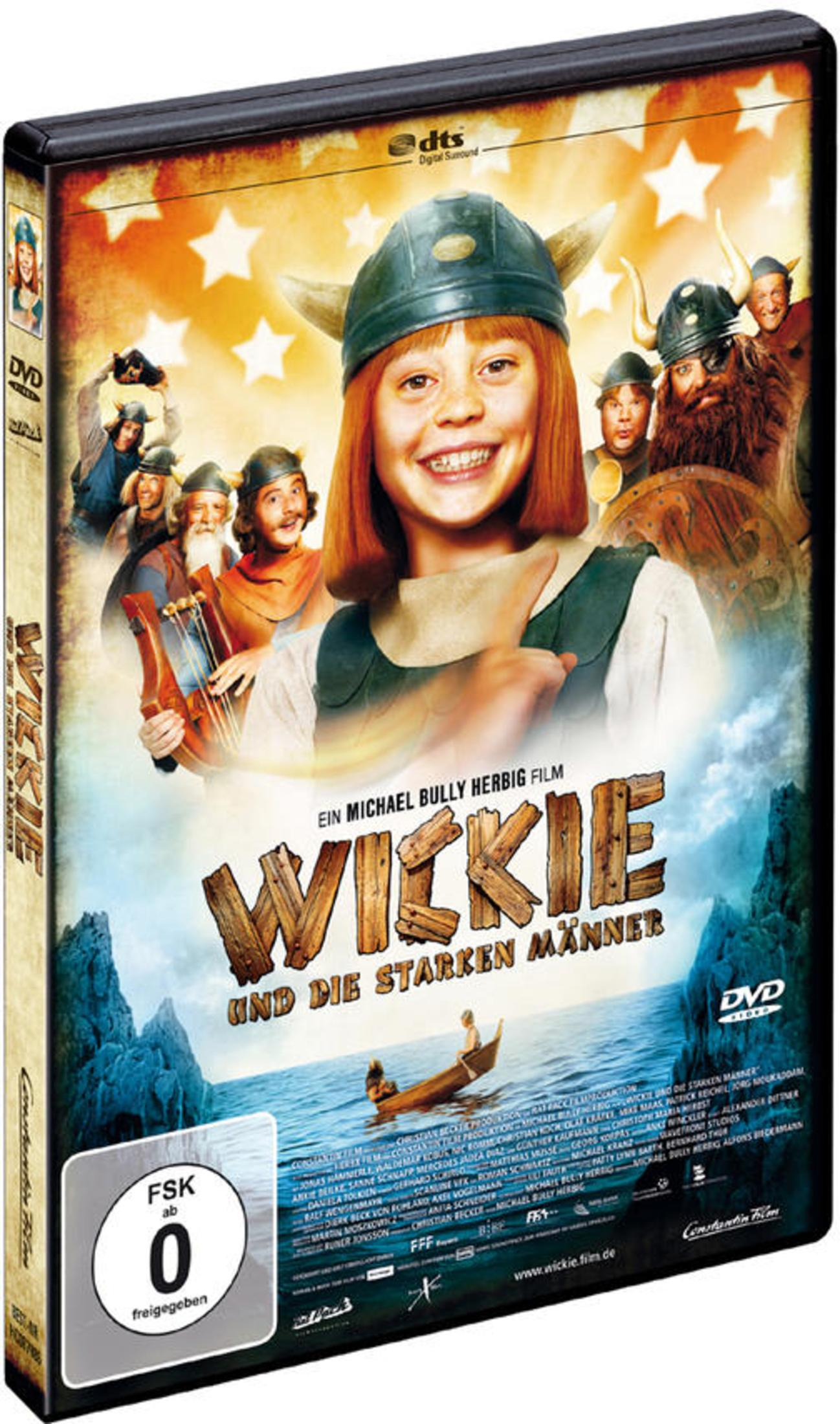 DVD-Cover von Wickie und die starken Männer mit Wickie im Vordergrund und Wikingern im Hintergrund.