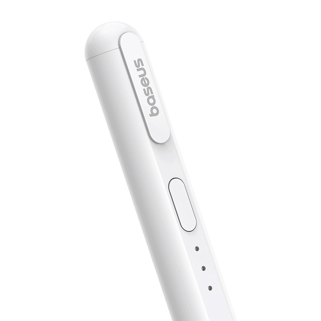 Primo piano di uno stilo Baseus bianco con clip, pulsante di accensione e spie luminose su sfondo bianco.