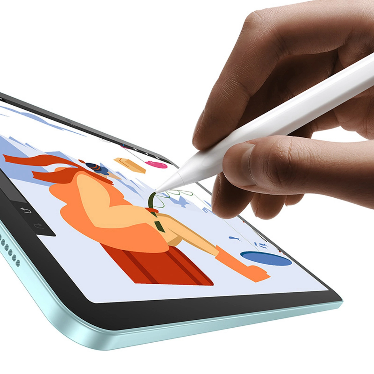 Una mano tiene una penna stilo bianca e disegna un'illustrazione digitale su un tablet azzurro.