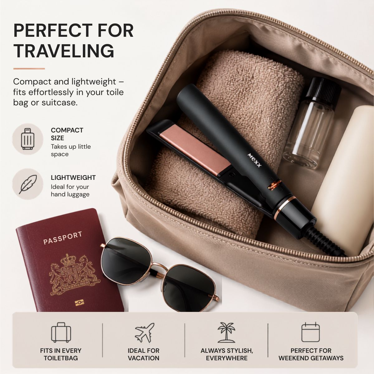 Reise-Make-up-Tasche mit einem schwarzen Glätteisen, Sonnenbrille, Reisepass und Toilettenartikeln.