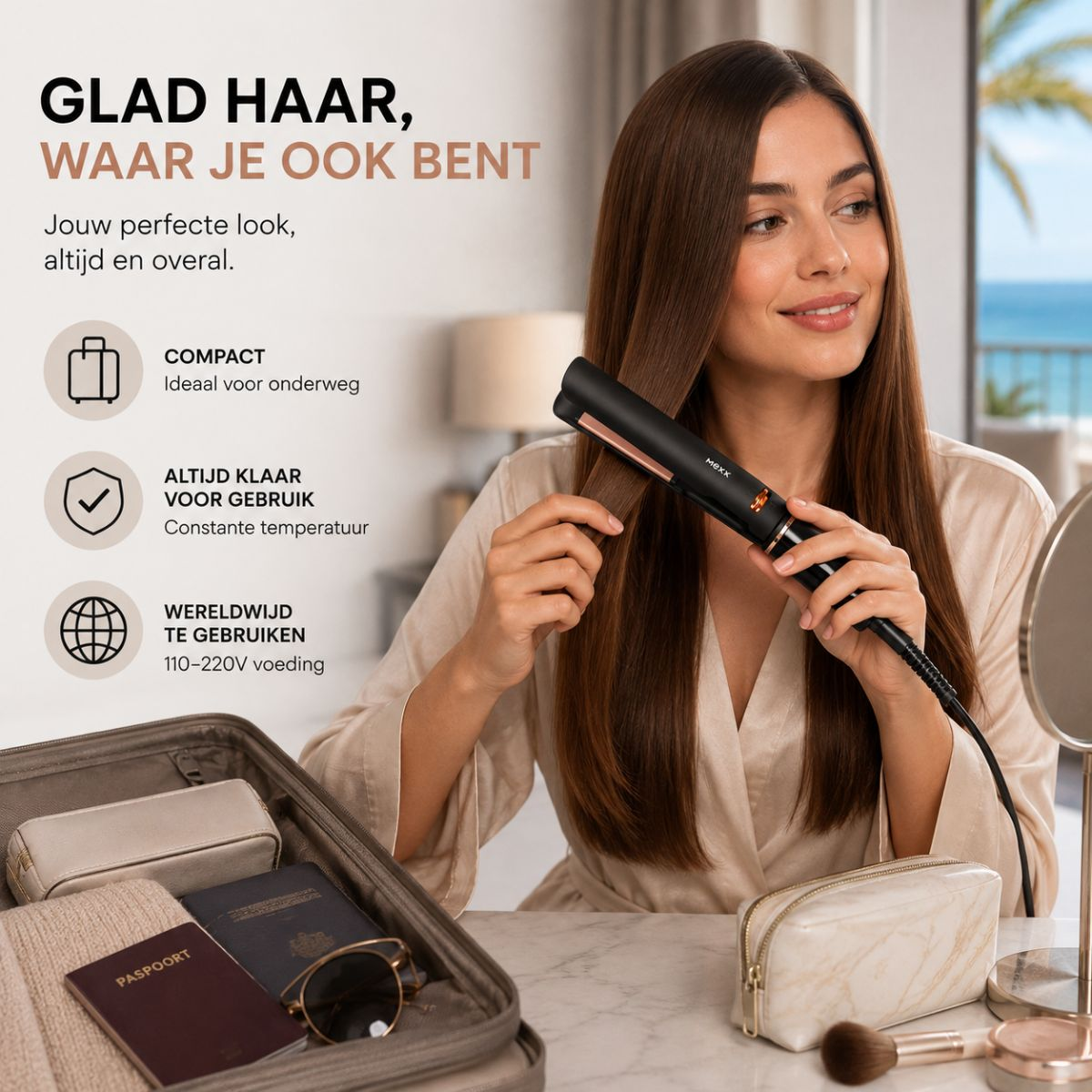 Eine Frau glättet ihr braunes Haar mit einem schwarzen Glätteisen neben einer Reisetasche.