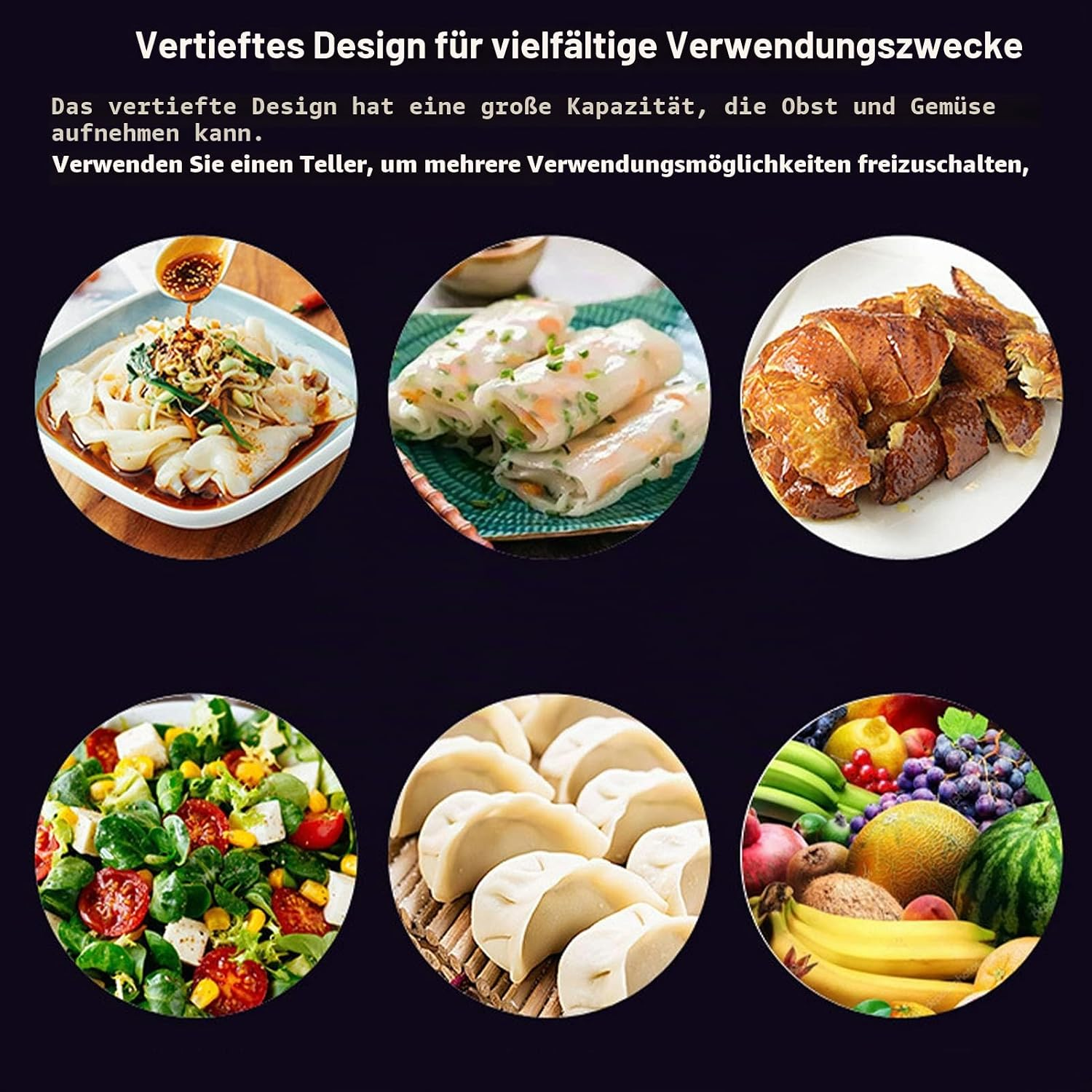 Sechs runde Bilder mit verschiedenen Gerichten wie Nudeln, Frühlingsrollen, Hähnchen, Salat, Teigtaschen und Obst.