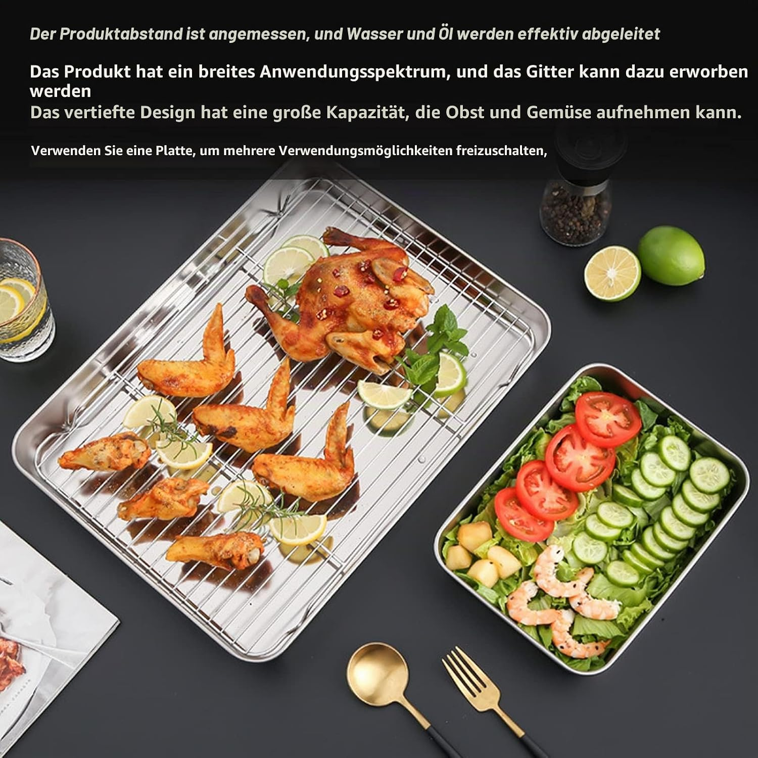 Gebratene Hähnchenflügel auf einem Rost und Salat mit Tomaten und Gurken in einem Tablett.