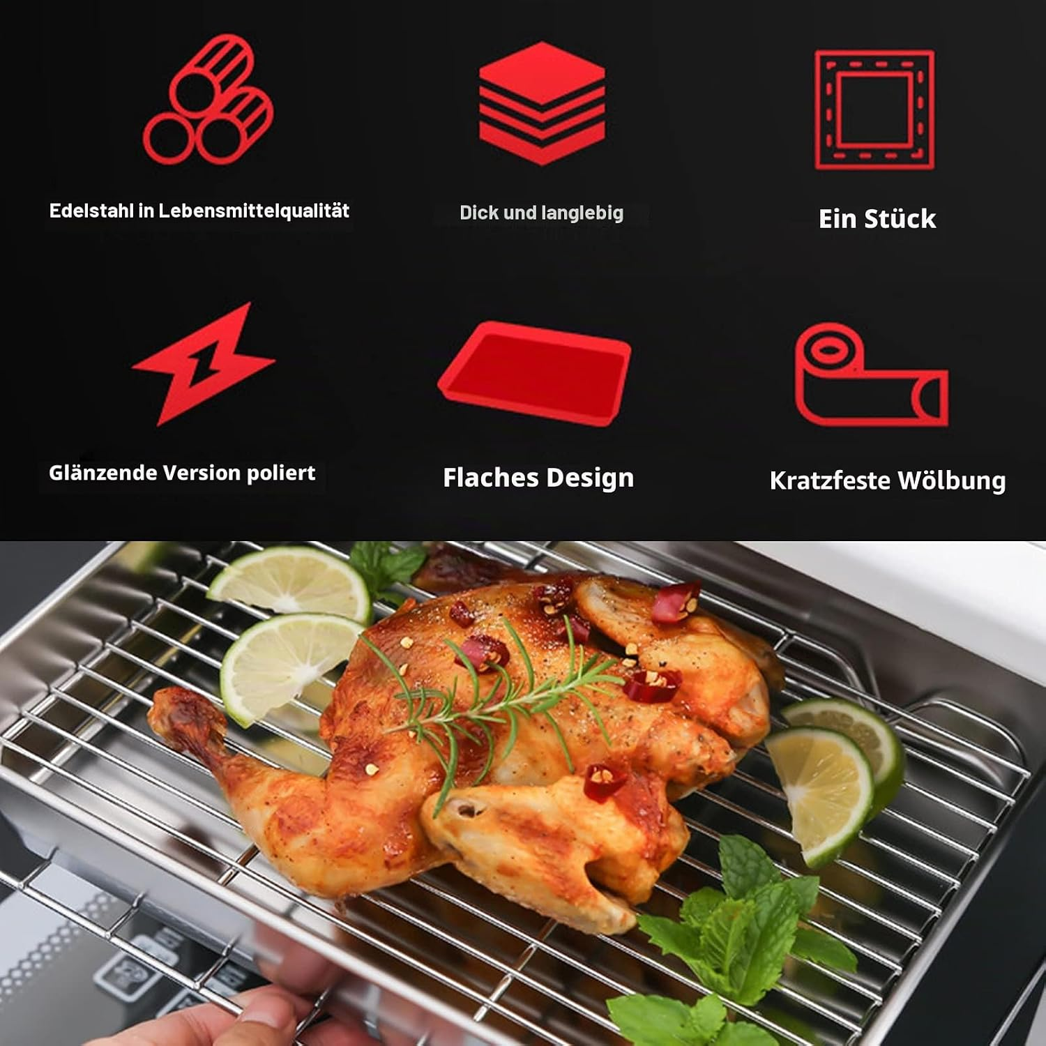 Gebratenes Hähnchen auf einem Edelstahlerhitzungsgitter mit Limettenscheiben, Chili und Kräutern.